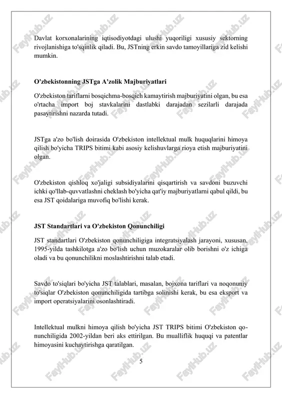 larni chuqurlashtirish, savdo siyosatini liberallashtirish va 40 milliondan ortiq iste'molchiga ega bo'lgan yangi bozorlarni ochishga yordam beradi. wto standartlariga moslashish o'zbekistonning investitsiyaviy jozibadorligini oshiradi, texnologiyalarni transfer qilishni rag'batlantiradi va 50 dan ortiq sanoat tarmoqlarida raqobatbardoshlikni kuchaytiradi. o'zbekistonning wtoga kirishi jahon savdo tizimiga integratsiyalashuvni ta'minlaydi, bu esa mamlakatga 164 a'zo davlat bilan savdo aloqalarini osonlashtiradi va tariflarni kamaytirish orqali foyda keltiradi. xulosa o'zbekistonning jahon savdo tashkilotiga a'zo bo'lishi iqtisodiy o'sish va xalqaro integratsiyani rag'batlantiradi, lekin muammolarni hal qilishni talab qiladi. foydalanilgan adabiyotlar 1. o'zbekiston respublikasi tashqi ishlar vazirligi rasmiy veb-sayti, jahon savdo tashkiloti bilan hamkorlik bo'limi. 2. "o'zbekistonning jstga a'zo bo'lish istiqbollari" - tahliliy maqolalar to'plami, toshkent, 2020. 3. jahon savdo tashkiloti rasmiy veb-sayti, o'zbekiston bilan bog'liq sahifa. 4 2