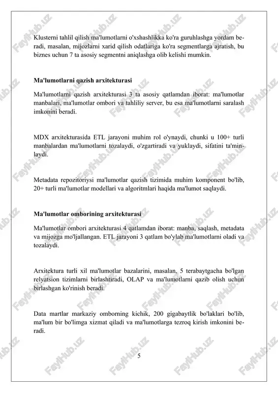 sh algoritmlarining samaradorligiga chek qo'yadi. interpretability qiyinligi ma'lumotlarni qazish algoritmlari yaratgan murakkab 5-10 o'lchovli modellarni tushunishda yuzaga keladi, ularning ishonchliligini baholashni qiyinlashtiradi. xulosa xulosa ma'lumotlarni tahlil qilishning muhim bosqichidir, u erda asosiy natijalar 95% ishonch intervalida taqdim etiladi, biznes uchun amaliy ahamiyatga ega bo'lgan narsalarga e'tibor qaratiladi. ma'lumotlar omborida xulosa jadvallari saqlash xarajatlarini 30% ga kamaytirishi mumkin, chunki ular batafsil ma'lumotlarni umumlashtirib, tezkor so'rovlar uchun optimallashtiradi, bu esa hisobotlarni tezlashtiradi. xulosa chiqarish uchun turli algoritmlar, masalan, qarorlar daraxtlari va regressiya modellari qo'llaniladi, bu esa ma'lumotlar to'plamining 80% dan ortig'ini tushuntirishi mumkin bo'lgan asosiy omillarni aniqlashga imkon beradi. xulosa ma'lumotlar ombori va ma'lumotlarni qazib olish tushunchalari tashkilotlarga qimmatli bilimlarni aniqlash va biznes qarorlarini qabul qilishda yordam beruvchi kuchli vositalardir. foydalanilgan adabiyotlar 1. kimball, r., ross, m. (2013). data warehouse lifecycle toolkit. john wiley sons. 2. han, j., kamber, m., pei, j. (2011). data mining: concepts and techniques. morgan kaufmann. 3. inmon, …