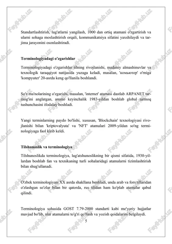 a til va terminologiyaning ahamiyati fan, ta'lim va kundalik hayotda aniqlik, tushunarlilik va samarali muloqotni ta'minlashda muhim rol o'ynaydi. foydalanilgan adabiyotlar 1. tilshunoslik lug'ati / a. hojiyev tahriri ostida. – toshkent: o‘zbekiston milliy ensiklopediyasi, 2002. 2. o‘zbek tilining izohli lug‘ati / 5 jildli. – toshkent: o‘zbekiston milliy ensiklopediyasi, 2006-2008. 3. reformatskiy a.a. tilshunoslikka kirish. – moskva: aspekt press, 1996. 4 2