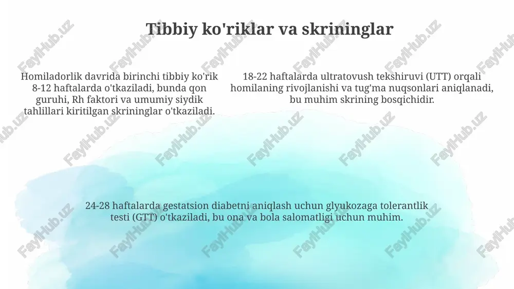 ladorlikning 37 haftasidan oldin sodir bo'lsa, erta tug'ruqning xavfli signalidir. suv ketishi - amniotik suyuqlikning to'satdan yoki asta-sekin oqishi, homiladorlikning 37 haftasidan oldin sodir bo'lsa, erta tug'ruqning xavfli signalidir. tug'ruqga tayyorgarlik tug'ruqdan oldin, kamida 3 xil nafas olish texnikasini o'rganing, bu og'riqni kamaytirishga va kislorod bilan ta'minlanishni yaxshilashga yordam beradi. homiladorlikning 36-haftasidan boshlab, tug'ruqqa tayyorgarlik mashqlarini bajarish, bachadon mushaklarini mustahkamlaydi va tug'ruq jarayonini yengillashtiradi. tug'ruq sumkasiga kamida 5 ta zarur buyumni (shaxsiy gigiena vositalari, kiyim-kechak, hujjatlar, telefon zaryadlovchi va snacklar) oldindan tayyorlab qo'ying. emizish bo'yicha tavsiyalar har bir emizish seansi 15-20 daqiqa davom etishi kerak, bolaning emish jarayonini kuzatish va kerak bo'lganda emizish pozitsiyasini o'zgartirish muhim. bolaning faolligiga e'tibor qaratish kerak. ona suti bilan ta'minlashning dastlabki olti oyida faqat ona sutini berish tavsiya etiladi, chunki u bolaning o'sishi va rivojlanishi uchun zarur bo'lgan barcha ozuqa moddalarini o'z ichiga oladi. emizish davrida onaning ovqatlanishi muhim, kuniga qo'shimcha 400-500 kaloriya iste'mol qilish …