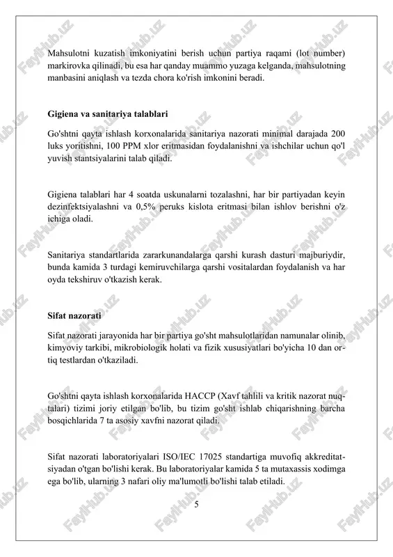 shlash korxonalarini sanitariya qoidalari va normalari bilan ta'minlashning huquqiy asosidir. texnik reglamentlar (masalan, o'zbekiston respublikasi tr 004/2011) go'sht mahsulotlarining xavfsizligi va sifatiga qo'yiladigan minimal talablarni belgilaydi, shu jumladan veterinariya-sanitariya ekspertizasi ham shular jumlasidandir. energiya samaradorligi go'shtni qayta ishlash korxonalarida energiya samaradorligini oshirish uchun issiqlik nasoslaridan foydalanish mumkin, bu esa 30-40% gacha energiya sarfini kamaytirishga imkon beradi. go'shtni qayta ishlash zavodlarida ventilyatsiya tizimlarining energiya samaradorligi 15-25% gacha optimallashtirish uchun tezlikni nazorat qiluvchi drayverlar bilan jihozlangan ventilyatorlardan foydalanish zarur. go'shtni qayta ishlash korxonalarida energiya sarfini 10-20% kamaytirish uchun energiya auditini o'tkazish va iso 50001 kabi energiya menejmenti tizimlarini joriy etish tavsiya etiladi. xulosa go'shtni qayta ishlash zavodlari oziq-ovqat xavfsizligini ta'minlash, sanitariya me'yorlariga rioya qilish va sifatli mahsulot ishlab chiqarish uchun qat'iy qoidalarga amal qilishi zarur. foydalanilgan adabiyotlar 1. go'shtni qayta ishlash korxonalari haqida umumiy ma'lumot, aqsh qishloq xo'jaligi vazirligi (usda). 2. go'sht va parrandachilikni qayta ishlash bo'yicha qo'llanma, shimoliy dakota universiteti. 3. …