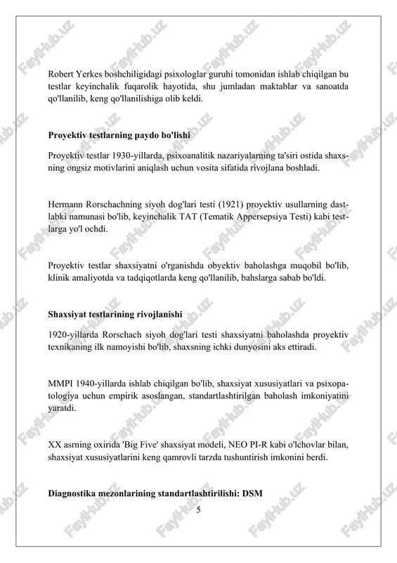 chiga oladi, 1950-yillardan beri qo'llaniladigan statistik tahlil usullari yordamida to'plangan ma'lumotlarga asoslangan yakuniy bosqichdir. 1890-yillardagi dastlabki testlardan so'ng, xulosa bemorning holatini tushunish va muolajalarni rejalashtirish uchun muhim, bu erda 75% aniqlik diagnostika samaradorligini belgilaydi. xulosa jarayoni diagnostika natijalarini umumlashtirish va tushuntirish orqali individual psixologik xususiyatlarni aniqlashga yordam beradi, bu 0.05 p-qiymatli tadqiqotlar bilan tasdiqlanadi. xulosa psixodiagnostikaning tarixi shuni ko'rsatadiki, u doimiy rivojlanib, inson psixikasini tushunish va baholashning muhim vositasi bo'lib kelgan. foydalanilgan adabiyotlar 1. chapman, l. j., chapman, j. p. (1969). test validity inferred from the overdiagnosis of implausible signs. journal of abnormal psychology, 74(5), 541-547. 2. groth-marnat, g. (2009). handbook of psychological assessment (5th ed.). john wiley sons. 3 2