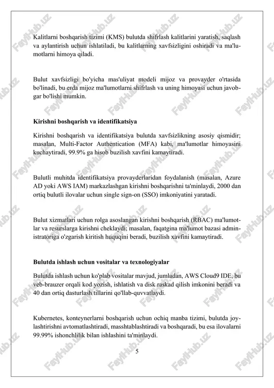 'lumotlar himoyasi qonunlariga, masalan, gdprga 100% muvofiqlikni ta'minlaydi. bulut arxitekturasi na'munalari bulut arxitekturasining ko'p qatlamli namunasida, 3 ta qatlam mavjud: taqdimot, biznes mantiq va ma'lumotlar qatlami, har biri mustaqil ravishda masshtablanishi mumkin. mikroservislar arxitekturasi 12 omilli dasturlarni yaratishga yordam beradi, bunda har bir xizmat o'zining kichik vazifasini bajaradi va api orqali boshqalar bilan aloqa qiladi. serverless arxitekturasi, masalan, aws lambda yoki azure functions, dastur kodini serverlarni boshqarishsiz bajarish imkonini beradi, faqat hisoblash vaqtiga to'lov amalga oshiriladi. kelajakdagi tendentsiyalar va rivojlanish serverless arxitekturalar 2024-yildan boshlab yanada ommalashadi, bu esa ishlab chiquvchilarga infratuzilmani boshqarish o'rniga kodga e'tibor qaratishga imkon beradi va xarajatlarni 30 foizgacha kamaytiradi. sun'iy intellekt va mashinalarni o'rganish xizmatlari bulutda integratsiyalashuvi 2025-yilga kelib biznesning 45 foizida avtomatlashtirilgan qarorlar qabul qilish imkonini beradi, samaradorlikni oshiradi. bulutli kvant hisoblash 2030-yilga yaqin paydo bo'lishi kutilmoqda, bu esa kriptografiya, tibbiyot va materialshunoslik kabi sohalarda misli ko'rilmagan hisoblash quvvatini ta'minlaydi. xulosa bulut texnologiyalari zamonaviy ish …