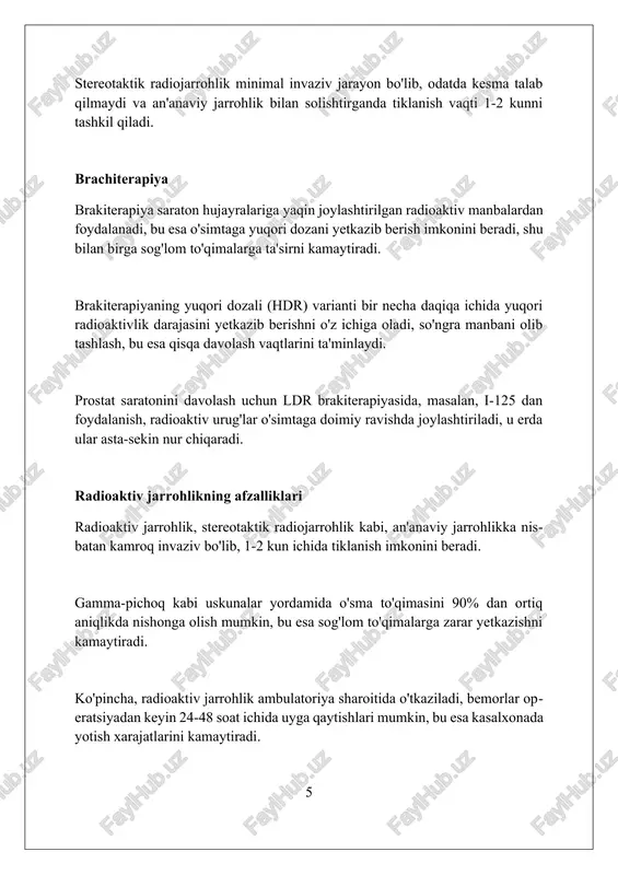 tirilgan nurlanishni yetkazib berish usullari, aniqlikni oshirib, sog'lom to'qimalarga ta'sirni kamaytiradi. yangi tadqiqotlar radiobiologiyani chuqurroq tushunishga qaratilgan, bu esa shishlarning nurlanishga javobini optimallashtirish va davolash samaradorligini oshirish imkonini beradi. sun'iy intellekt (si) algoritmlari radiokirurgiya rejasini yaxshilashda, dozani optimallashtirishda va bemor natijalarini oldindan aytishda qo'llaniladi, bu esa shifokorlarga yordam beradi. xulosa radioaktiv jarrohlik, aniq yo'naltirilganligi va minimal invazivligi tufayli, saraton kasalligini davolashda umid beruvchi, lekin ehtiyotkorlik bilan baholashni talab qiluvchi usuldir. foydalanilgan adabiyotlar 1. işıl, s., demir, a. (2015). radioactive surgery: a review. journal of radioanalytical and nuclear chemistry, 303(3), 1177-1182. 2. goldsmith, s. j. (2000). radioimmunoguided surgery. seminars in nuclear medicine, 30(1), 3-11. 3. meredith, r. f., khazaeli, m. b 2