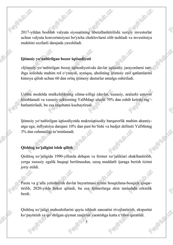 zbekiston 1992-yilda birlashgan millatlar tashkilotiga aʼzo boʻlish orqali jahon hamjamiyatiga integratsiyalashuvining muhim qadamini qoʻydi, bu esa xalqaro huquq subyekti sifatida tan olinishini taʼminladi. mamlakat 140 dan ortiq davlat bilan diplomatik aloqalar oʻrnatdi, bu esa siyosiy, iqtisodiy va madaniy sohalarda xalqaro hamkorlikni kengaytirishga xizmat qiladi. oʻzbekiston “ochiq eshiklar” siyosatini olib borib, xalqaro valyuta fondi (xvf) va jahon banki kabi yirik xalqaro tashkilotlar bilan faol hamkorlik qilib kelmoqda. taraqqiyot modelining istiqbollari va rivojlanish tendentsiyalari taraqqiyotning yangi bosqichida inklyuziv o'sishni ta'minlash uchun raqamlashtirishning ustuvorligi, 2030 yilgacha bo'lgan barqaror rivojlanish maqsadlariga erishishni tezlashtiradi. innovatsion texnologiyalar va startap ekotizimini rivojlantirish, shuningdek, stem sohalarida malakali kadrlar tayyorlash, raqobatbardoshlikni oshirishning muhim omilidir. davlat-xususiy sheriklik loyihalarini kengaytirish, infratuzilmani modernizatsiya qilish va xorijiy investitsiyalarni jalb qilish, iqtisodiy o'sish sur'atlarini jadallashtiradi. xulosa o'zbek modeli davlat boshqaruvi, iqtisodiy islohotlar va ijtimoiy rivojlanishning o'ziga xos yo'lini aks ettiradi, barqarorlik va bosqichma-bosqichlikni ta'minlaydi. foydalanilgan adabiyotlar 1. karimov, i.a. (1992). o'zbekiston – bozor iqtisodiyotiga …