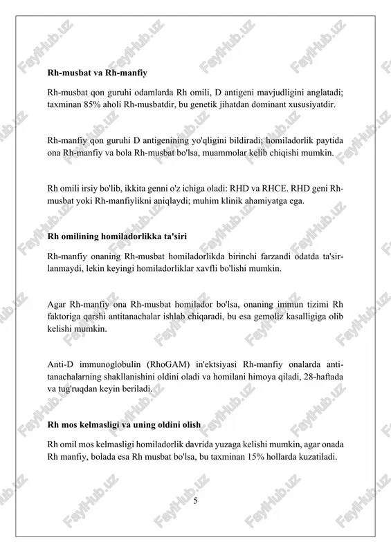 adi, bu onaning keyingi homiladorliklarida rh omiliga qarshi antikorlar hosil bo'lishining oldini oladi. xulosa rh faktori qon turlarining muhim jihati bo'lib, homiladorlik va qon quyishda moslikni ta'minlash uchun aniqlanishi kerak. salbiy rh faktorli shaxslar maxsus davolanishga muhtoj bo'lishi mumkin. foydalanilgan adabiyotlar 1. mole, r. h. (1990). the comparative radiosensitivity of cells irradiated in complex tissues. international journal of radiation biology, 57(6), 1031-1047. 2. landsteiner, k., wiener, a. s. (1940) 2