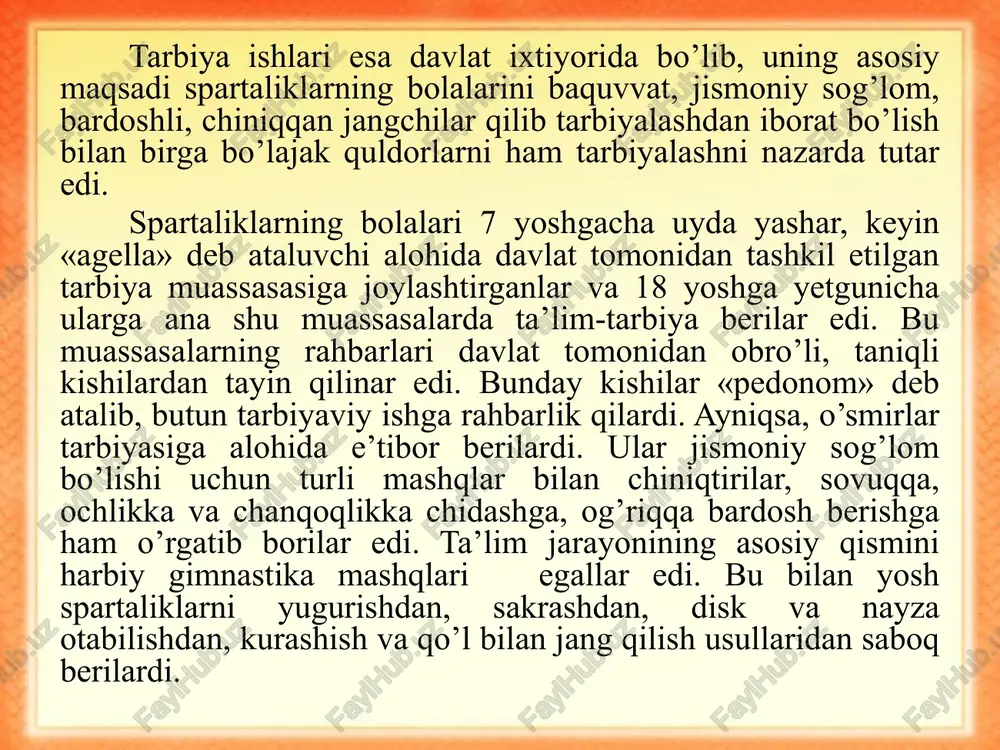 o’sha vaqtlarda ko’p yevropaliklarning arab madaniyati (xususan, meditsina va falsafa) bilan tanishuvi katta ta’sir ko’rsatdi. komenskiy o’zining pedagogik nazariyasida tarbiyaning tabiatga uyg’un bo’lishi to’g’risidagi tushunchani ilgari suradi. «buyuk didaktika» da o’qitish tabiiylikka bo’ysunishi, o’qitish tabiat talabiga bo’ysunishi kerak. bolaning aqliy va jismoniy o’sish jarayoni tabiatdagi o’sish jarayoniga o’xshagan bo’ladi. masalan, bog’bon daraxtlarni parvarish qiladi, uning o’sish xususiyatlarini hisobga oladi. xuddi shunday o’qituvchi ham bolani tarbiyalash bilan undagi xususiyatlarni hisobga oladi. bog’bon o’sish qonuniyatini hisobga olar ekan, o’qituvchi tarbiyalash qonuniyatiga bo’ysunadi. komenskiy tarbiyachi boladagi iste’dodni o’stirishi kerak. agar bola pedagogik ta’sirsiz yashasa, bu iste’dod tasodifan o’sadi. kishi dunyoga kelganda kishiga xos iste’dodga ega bo’ladi. xuddi olmadagi urug’ga o’xshab ba’zida ko’proq, ba’zida kamroq bo’ladi. komenskiy o’z asarlarida tarbiyaning maqsadini ko’rsatadi. tarbiyaning maqsadi kishini mangulik dunyosiga tayyorlashdan iboratdir. buni uch xil tarbiya orqali amalga oshirish mumkin bola tarbiyasi aqliy tarbiya axloqiy tarbiya diniy tarbiya obrazets teksta vtoroy uroven tretiy uroven chetvertiy uroven pyatiy …