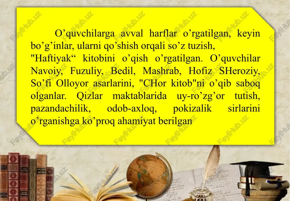 jodiy faoliyati bilan yoshlar ta’limida yuksak o’ringa ega. uvaysiyning ma’rifiy faoliyati ayollar savodxonligini oshirish, aqliy tarbiya, musiqa san’ati, qobiliyatli qizlar bilan ish usullari alohida o’ringa ega. u o’z davrining yosh talabalariga hayotga muhabbat tuyg’ularini singdirib borgan, tez fikrlash, chiroyli so’zlash va boshqa tarbiya vositalari bilan bog’liq bo’lgan chiston-topishmoq usullarini yaratishni o’rgatgan. shuning uchun ham uvaysiy ijodiy merosini o’rganish va uni hozirgi davr maktablar ta’lim-tarbiya tizimi mazmuniga kiritish muhimdir. munis xorazmiyning "savodi ta’lim" asari munis xorazmiy katta istedod egasi: buyuk shoir, adolatgo’y tarixchi olim, moxir tarjimon va noziktab xattot sifatida el orasida shuxrat topdi, etibor qozondi. shermuhammad munis xorazmiy xorazm adabiy muxitida ustozlik maqomida turadigan mutafakkirlardan biridir. shermuhammad boshlang’ich ta’limni qishlog’idagi maktablardan birida oldi. keyin o’qishni xiva madrasalarida davom etirdi. ilm sirlarini usha davrdagi mashxur ustoz saideshonxujadan o’rgangan. shermuhammad ukish jarayonida, olim va shoir xasanmurod kori laffasiyning xabar berishicha, arab va fors tillarini puxta urgangan hamda xattotlik sanatini egallagan. munisdan bizga …