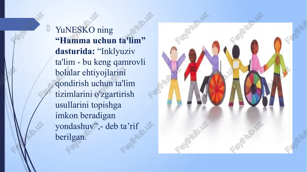 i va buning uchun zarur moddiy negizga ega emas. integratsiyalashtirilgan bitiruvchilarni maktabdan keyin maxsus kasbiy tayyorlash zarurati kelib chiqadi. ushbu holatlar xorijiy mutaxassislarga ma’lum bo‘lgan holatni, ya’ni integratsiyalashtirilgan ta’lim tabaqalashtirilgan (maxsus) ta’limga nisbatan qimmatroq turishini tasdiqlaydi. shunga qaramay, integratsiyalashgan yondashuvni amalga oshirish zarur, chunki u nogiron va rivojlanishida nuqsoni bor bolalarning bir qismi uchun samarali kechadi. inklyuziv ta’limni tashkil etish shakllari va ta’lim uchun zaruriy shart-sharoitlar inklyuziv ta’lim jamoaviy ish bo‘lib, javobgarlik butun maktab va maktabgacha ta’lim muassasalari jamoasi buyniga yuklatiladi. inklyuziv ta’limda metodik ѐrdam turli xil shakllarda bo‘lib, ular quyidagilarni o‘z ichiga oladi: -sinf o‘qituvchisiga maslahat va yordam berish; -zaruriy o‘quv qo‘llanmalari va yordamchi materiallar bilan ta’minlash: -ota-onalar, ko‘ngillilar ypki katta o‘qituvchilar tomonidan zarur bo‘lgan ѐrdamlarni ta’minlash; -o‘quv reja, dars jadvali, baholash mezonlariga moslashtirish va o‘zgarishlarga ko‘niktirish masalalarini shakllantirish; -o‘qituvchilar ko‘nikma va malakalarini oshirish uchun sharoit yaratish; -faol qo‘llab-quvvatlovchi rahbar va shu kabilarni o‘z ichiga olgan ijobiy maktab muhitini …