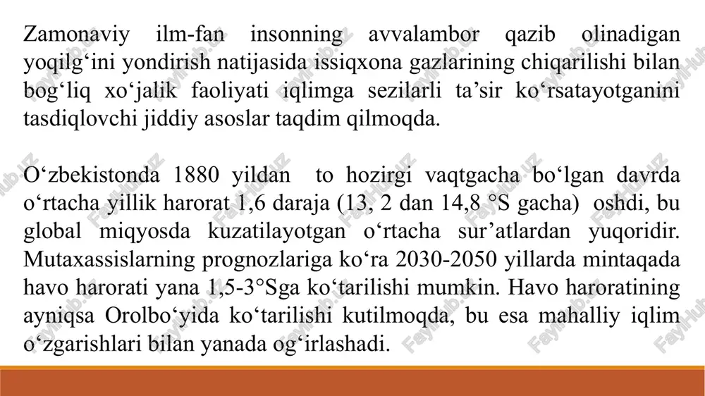 ham sun'iy yo‘l bilan qo‘shiladi. metan, azot oksidi kabi boshqa iflos gazlar havoga inson omili tufayli chiqarilib, bular bir butun issiqxona effekti darajasini belgilaydi. image2.png image3.png image4.png image5.png image6.png image7.png image8.png image9.png image10.png image11.png image12.png image13.png image14.png