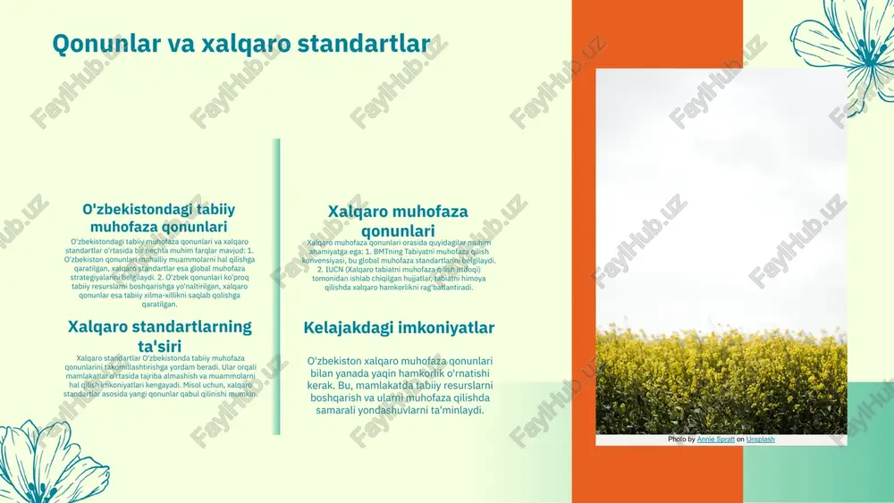 klar, hukumat va jamoatchilik o'rtasidagi aloqa yetishmovchiligi mavjud. ushbu muammolarni hal etish uchun davlat va jamoatchilik o'rtasida yaqin hamkorlik o'rnatish, xususan, ta'lim va ongli jamiyatni rivojlantirish zarur. bularning barchasi muhofaza mexanizmlarining samaradorligini oshirishga xizmat qiladi. ijtimoiy mas'uliyat va qonunlar qonunlarning ta'siri qonunlar jamoatchilik va ijtimoiy mas'uliyatga ta'sir ko'rsatadi, shuningdek, tabiiy resurslarni muhofaza qilishda jamoatchilikning faol ishtirokini ta'minlaydi. ushbu qonunlar orqali ijtimoiy mas'uliyatni oshirish, ekologik barqarorlikni ta'minlash va jamoatchilikni muhofaza qilishga undash muhimdir. ijtimoiy tashkilotlar roli ijtimoiy tashkilotlar tabiiy muhofaza qilishda muhim rol o'ynaydi, chunki ular jamoatchilik xabardorligini oshirish va qonunlarning samaradorligini monitoring qilishda faol ishtirok etadilar. ular qonunlarning ahamiyatini tushuntirish, ekologik muammolarni aks ettirish va jamoatchilikni himoya qilishga jalb etishda xizmat qiladi. what do we offer? qonunlarni amalga oshirishdagi muammolar qonunlarni amalga oshirish jarayonida duch kelinadigan muammolar: 1. qonunlarning noaniqligi: ba'zi qonunlar noaniq yoki tushunarsiz bo'lishi mumkin, bu esa ularni to'g'ri qo'llashda qiyinchiliklarni keltirib chiqaradi. 2. resurslar yetishmasligi: qonunlarni amalga …
