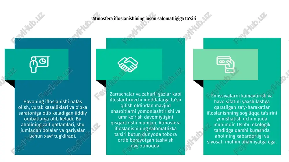 n juda muhimdir. ifloslantiruvchi moddalar darajasini kuzatish va kamaytirish strategiyalarini amalga oshirish orqali biz havo sifatini yaxshilash va aholi salomatligini saqlash ustida ishlashimiz mumkin. havo sifati monitoringi tartibga solish siyosati va tadbirlarini shakllantirishda muhim rol o'ynaydi. emissiyalarni kamaytirish va havo sifatini yaxshilashga qaratilgan sa'y-harakatlar hozirgi va kelajak avlodlar uchun barqaror va sog'lom muhitni yaratish uchun muhimdir. monitoring va baholash havo ifloslanishiga qarshi doimiy kurashning ajralmas vositalaridir. salavha shaharlar va sanoat hududlari kabi shaharlarning ifloslanish nuqtalari havo ifloslanishining og'ir oqibatlariga duch kelmoqda. chiqaradigan zararli ifloslantiruvchi moddalar nafas olish tizimi kasalliklari va boshqa sog'liq muammolariga olib kelishi mumkin. 1 ushbu ifloslanish nuqtalari iqlim o'zgarishi va global isishga hissa qo'shadi, bu nafaqat mahalliy aholiga, balki butun atrof-muhitga ham ta'sir qiladi. shaharlarda havo ifloslanishini bartaraf etish barqarorlik uchun juda muhimdir. 3 ushbu issiq nuqtalarda havo ifloslanishini kamaytirishga qaratilgan sa'y-harakatlar qat'iy qoidalarni joriy etishga, toza texnologiyalarni targ'ib qilishga va barqaror hayot amaliyotining ahamiyati haqida xabardorlikni …