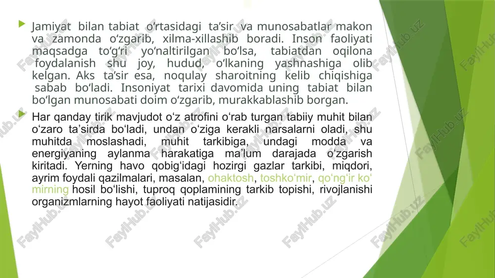 i borliq. tor maʼnoda — tabiat fanlari oʻrganadigan obyekt. tabiat odamga, jamiyatga bogʻliq boʻlmagan qonuniyatga boʻysunadi. odam tabiatning bir qismi. odam tabiat qonunlarini oʻzgartira olmaydi, faqat qonunlardan foydalanib, tabiat elementlarini, qismlarini oʻzlashtirishi mumkin. tabiat tushunchasi insoniyat jamiyati yashashi tabiiy sharoitlarining majmui sifatida ham qaraladi. inson yashashi uchun mehnat qiladi, mehnat (mas., dehqonchilik, qurilish, sanoat), miya faoliyati va boshqa esa tabiatning baʼzi jihatlarini oʻzgartiradi. odam tomonidan, yaʼni ijtimoiy mehnat jarayonida yaratiladigan moddiy boyliklar shartli ravishda „ikkinchi tabiat“ deyiladi.. odamning tabiatga munosabati tarixda oʻzgarib va rivojlanib bordi. antik falsafada tabiatga stixiyali kuchlar (demokrit), ideal dunyoning inʼikosi (platon), uygʻun jarayon (pifagor), mukammallik (aristotel) deb qaralgan. diniy taʼlimotlarda tabiat ruhiy ibtidoning moddiy gavdalanishi deb xisoblangan va xudo tabiatdan yuqori turadi deb tushunilgan. uygʻonish davrida tabiatga hamma tabiiy uygʻunlik va mukammallikning yuzaga chiqishi sifatida karaldi. yangi davrda tabiatga boʻlgan munosabat tabiatning ilmiy oʻrganish obʼyektiga aylanishida katta rol oʻynadi. tabiat obʼyekti fazo va vaqtda mavjud modda, …