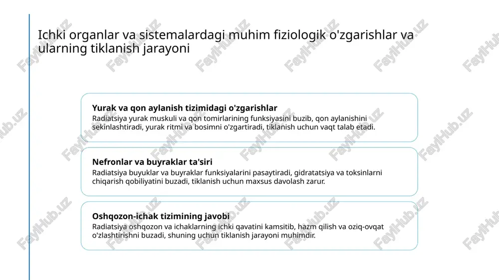 n keyin inson organizmining fiziologik o'zgarishlari. tibbiyot va biologiya jurnali, 2020. 2. sobirov, s. biokimyoviy jarayonlar va radiatsiyadan tiklanish mexanizmlari. o'zbekiston tibbiyot fanlari akademiyasi, 2019. 3. ismoilov, d. radiatsiyadan so'ng inson salomatligi va davolash usullari. o'zbekiston tibbiyot institutining nashri, 2021. 4. qosimov, m. radiatsiya ta'siri va organizmning tiklanish jarayonlari. tibbiy biologiya va genetika, 2018. 5. yusupov, b. radiatsiya bilan bog'liq fiziologik o'zgarishlar va ta'sir qilish mexanizmlari. o'zbekiston respublikasi sog'liqni saqlash vazirligi, 2022. e'tiboringiz uchun rahmat! /docprops/thumbnail.jpeg