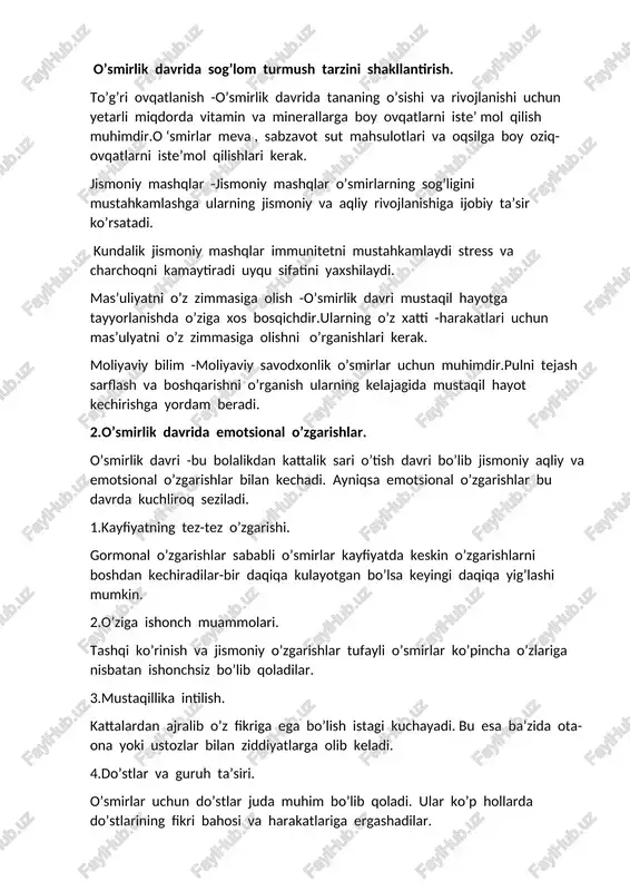 n yoki mashhur inson bo’lishni xohlashadi-bu ularning ichki ‘’men’’ini shakllantirishga xizmat qiladi. ota-onalar bilan ziddiyatlar –ko’p o’smirlar ota-onasi bilan kelisha olmay qoladi ; e’tibor,erkinlik yoki ishonch yetishmovchiligi. qarama-qarshi qarashlar (masalan, kiyim, do’st tanlovi soch turmagi) bu esa emotsional portlashlarga kiradi. 3.ijtimoiy muhit va emotsional rivojlanish ijtimoiy muhit-bu inson yashaydigan va o’zaro munosabatda bo’ladigan atrofdagi odamlar, guruhlar, tashkilotlar va ijtimoiy tizimlarning yig’indisidir. bu muhitga quyidagilar kiradi ; oila ( ota-ona,opa-uka,buva- buvi) do’stlar va tengdoshlar maktab yoki ish joyi mahalla,jamiyat,madaniy muhit ommaviy axborot vosiyalari ( tv, internet,ijtimoiy tarmoqlar) emotsional rivojlanish -bu odamning o’z hissiyotlarini tanib olish, tushunish,boshqarish,ifoda etish va boshqalarning hissiyotlariga javob berish qobiliyatining o’sib borishidir. quvonch,g’azab,qo’rquv,qayg’u kabi hislarni tanish. stressga bardosh berish.o’zini tinchlantirishni o’rganish.boshqalarga hamdardlik ko’rsatish.konfliktlarni tinch hal qilish. o’smirlik davri -bu bolalikdan kattalik sari o’tish bo’lib jismoniy, aqliy va emotsional o’zgarishlar bilan kechadi.ayniqsa,emotsional o’zgarishlar bu davrda kuchliroq seziladi. 1.kayfiyatning tez-tez o’zgarishi. gormonal o’zgarishlar sababli o ‘smirlar kayfiyatda keskin o’zgarishlarni boshdan …