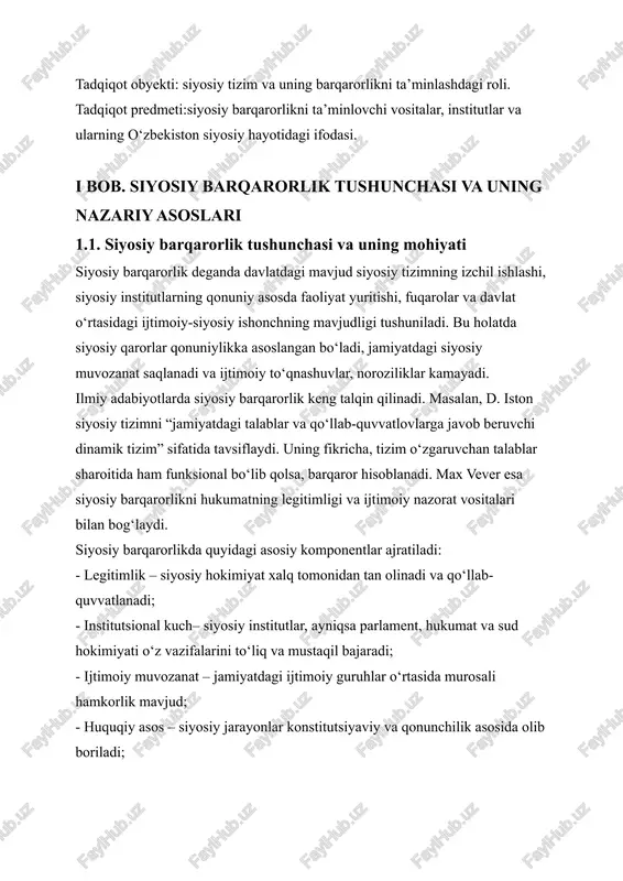 madaniyatning shakllanishi, siyosiy ijtimoiylashuv darajasi, ta’lim va axborot tizimining rivoji ham barqarorlikni mustahkamlovchi omillar hisoblanadi. ayniqsa yosh avlodning siyosiy savodxonligi va faolligi jamiyatning siyosiy mustahkamligiga ijobiy ta’sir ko‘rsatadi. siyosiy barqarorlik davlatning nafaqat ichki boshqaruvi, balki tashqi siyosatdagi ishonchliligi, investitsiya jozibadorligi va xalqaro maydondagi nufuzini belgilovchi muhim mezondir. shu sababli, har bir taraqqiyotga intilayotgan davlat uchun siyosiy barqarorlik doimiy e’tibor talab etuvchi strategik yo‘nalish hisoblanadi. 1.2. siyosiy beqarorlik sabablari va oqibatlari siyosiy beqarorlik — bu davlat siyosiy tizimining izdan chiqishi, jamiyatda norozilik kayfiyatlarining ortishi, fuqarolarning hokimiyatga nisbatan ishonchini yo‘qotishi va natijada siyosiy jarayonlarning keskinlashishidir. u ko‘plab rivojlanayotgan mamlakatlarda rivojlanish yo‘liga to‘sqinlik qiluvchi asosiy xavf omili sifatida qaraladi. siyosiy beqarorlik zo‘ravonlik, norozilik namoyishlari, siyosiy inqiroz, davlat to‘ntarishlari kabi salbiy oqibatlarni keltirib chiqarishi mumkin. beqarorlikka olib keluvchi sabablar bir necha turkumga bo‘linadi: 1. ijtimoiy-iqtisodiy sabablar. iqtisodiy tengsizlik, ishsizlik, kambag‘allik, inflatsiya, asosiy ehtiyojlarning qondirilmasligi ijtimoiy norozilikni kuchaytiradi. aholining muammolariga e’tibor yetishmovchiligi, moliyaviy resurslarning noto‘g‘ri …