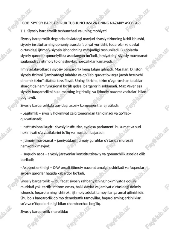 va faolligi jamiyatning siyosiy mustahkamligiga ijobiy ta’sir ko‘rsatadi. siyosiy barqarorlik davlatning nafaqat ichki boshqaruvi, balki tashqi siyosatdagi ishonchliligi, investitsiya jozibadorligi va xalqaro maydondagi nufuzini belgilovchi muhim mezondir. shu sababli, har bir taraqqiyotga intilayotgan davlat uchun siyosiy barqarorlik doimiy e’tibor talab etuvchi strategik yo‘nalish hisoblanadi. 1.2. siyosiy beqarorlik sabablari va oqibatlari siyosiy beqarorlik — bu davlat siyosiy tizimining izdan chiqishi, jamiyatda norozilik kayfiyatlarining ortishi, fuqarolarning hokimiyatga nisbatan ishonchini yo‘qotishi va natijada siyosiy jarayonlarning keskinlashishidir. u ko‘plab rivojlanayotgan mamlakatlarda rivojlanish yo‘liga to‘sqinlik qiluvchi asosiy xavf omili sifatida qaraladi. siyosiy beqarorlik zo‘ravonlik, norozilik namoyishlari, siyosiy inqiroz, davlat to‘ntarishlari kabi salbiy oqibatlarni keltirib chiqarishi mumkin. beqarorlikka olib keluvchi sabablar bir necha turkumga bo‘linadi: 1. ijtimoiy-iqtisodiy sabablar. iqtisodiy tengsizlik, ishsizlik, kambag‘allik, inflatsiya, asosiy ehtiyojlarning qondirilmasligi ijtimoiy norozilikni kuchaytiradi. aholining muammolariga e’tibor yetishmovchiligi, moliyaviy resurslarning noto‘g‘ri taqsimoti siyosiy tuzumga bo‘lgan ishonchni susaytiradi. 2. siyosiy sababsizlik. siyosiy institutlarning zaifligi, fuqarolarning siyosiy qarorlar qabul qilishda ishtirok eta olmasligi, …