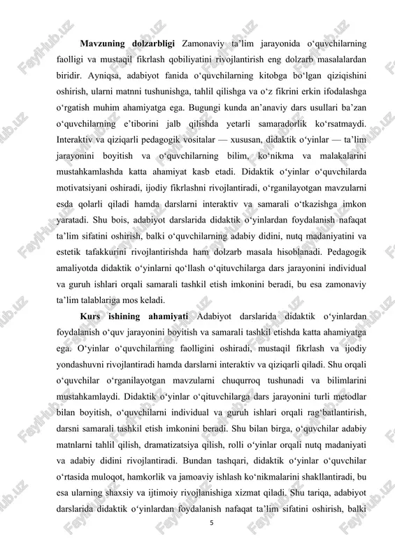 va mas’uliyat his qilish qobiliyatlarini shakllantiradi. didaktik o‘yinlar o‘zining mazmuni, maqsadi va o‘tkazilish shakliga ko‘ra turlicha bo‘ladi. ilmiy adabiyotlarda didaktik o‘yinlarning bir nechta klassifikatsiyasi uchraydi. ularning eng keng tarqalgani — o‘quv jarayonidagi funksiyasiga ko‘ra bo‘lishidir. bu tasnifga ko‘ra didaktik o‘yinlar bilimlarni mustahkamlovchi o‘yinlar, yangi mavzuni o‘rganishga yo‘naltirilgan o‘yinlar, nazorat va baholashga qaratilgan o‘yinlar hamda ijodiy tafakkurni rivojlantiruvchi o‘yinlarga ajratiladi. masalan, “kim tez?”, “to‘g‘ri javobni top!”, “she’rni davom ettir”, “asarni top”, “muallifni aniqlang” kabi o‘yinlar o‘quvchilarning eslab qolish va tahlil qilish ko‘nikmalarini mustahkamlaydi. o‘yinlarning ikkinchi muhim tasnifi ularning shakliga asoslanadi. bu yerda didaktik o‘yinlar individual, juftlikda va guruhli o‘yinlarga bo‘linadi. individual o‘yinlarda har bir o‘quvchi mustaqil javob beradi, bu esa uning shaxsiy faolligini oshiradi.[footnoteref:2] guruhli o‘yinlarda esa o‘quvchilar o‘zaro raqobat va hamkorlik muhiti orqali bilimlarini baholaydi, jamoaviy fikrlash va muloqot madaniyatini o‘rganadi. didaktik o‘yinlar mazmuniga qarab turlarga ajratiladi: til o‘yinlari, nutq o‘stiruvchi o‘yinlar, adabiy matn bilan ishlashga qaratilgan o‘yinlar, rolli (syujetli) …