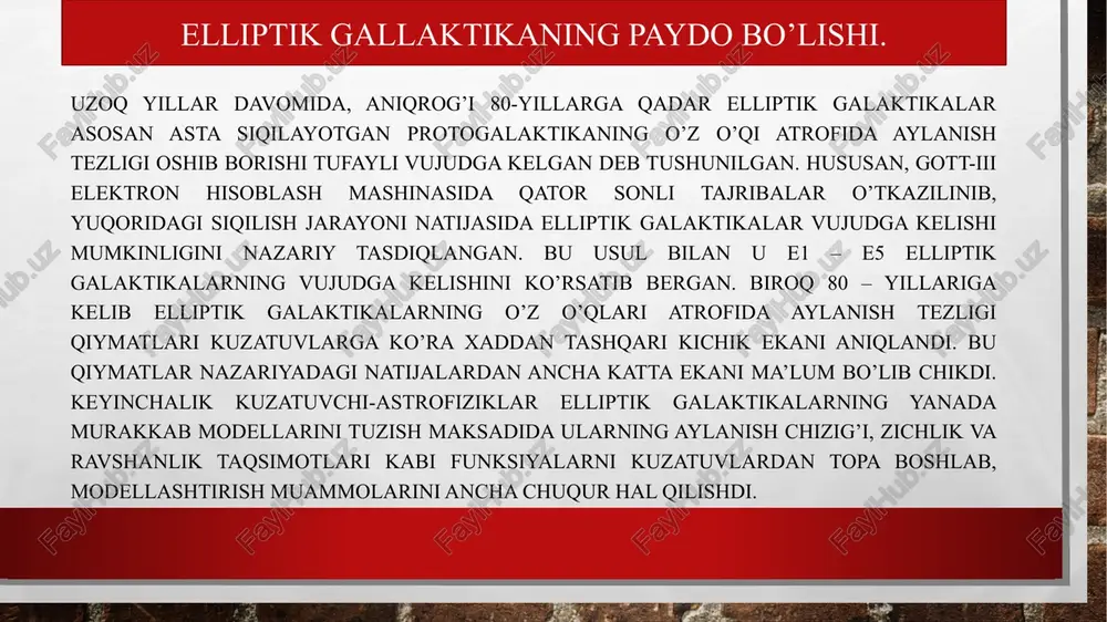 i quyidagicha harflar bilan kodlagan: elliptik galaktikalar uchun e, lentikulyar shakldagi galaktikalar uchun so, spirallar uchun s. keyinchalik yana ikkita toifaga sb to'siqli spiral galaktikalar va naqshsiz va tartibsiz galaktikalar qo'shildi: irr. barcha kuzatilgan galaktikalarning taxminan 90% elliptik yoki spiraldir. faqat 10% irr toifasiga kiradi. xabblning sozlash vilkasining qo'llarida spiral galaktikalar joylashgan: oddiy spirallar uchun s va to'siqli spirallar uchun sb. kichik harflar pastki turlarini bildiradi: "a" bobinlar yadro atrofida mahkam yopilganligini, "c" esa bo'shashganda ishlatiladi. shuningdek, gazning ulushi mos ravishda oshadi. somon yo'li sbb turiga kiradi, quyosh spiral qo'llarning birida joylashgan: "orion" qo'li, chunki bu yulduz turkumining yulduzlari ham topilgan, chunki bu yerdan ko'rinadigan eng ajoyib narsalardan biri. spiral gallaktika turlari spiral gallaktikalarga misollar sut yo’li girdobli galaxsy andromeda spiral gallaktikaning elliptik gallaktikadan farqlari 1 .spiral galaktikani elliptik galaktika bilan adashtirish oson. ularning orasidagi eng aniq farq shundaki, elliptik galaktikadagi yulduzlar spirallarga qaraganda bir tekis taqsimlangan. ushbu turdagi spiral …