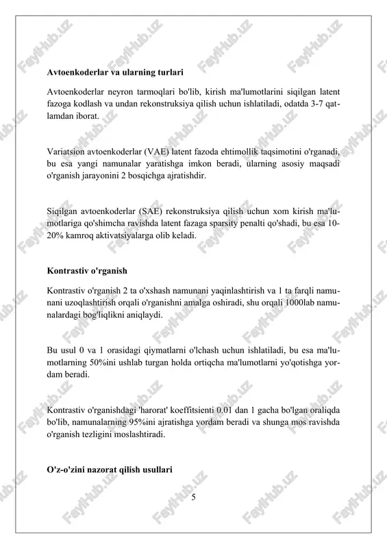 mustahkamlikni oshirish, ayniqsa, 1.5 qiyin muhitda, doimiy e'tibor talab etadi. xulosa xulosa ob'ekt vakillik o'rganishining asosiy natijalarini 10-15 ta asosiy fikr bilan ta'kidlashi kerak, bu esa mavzuning mohiyatini tushunishga yordam beradi. xulosa 3-4 ta kelajakdagi tadqiqotlar yo'nalishini taklif qilishi mumkin, masalan, ob'ekt vakillik o'rganishdagi 2d va 3d ma'lumotlarni birlashtirish imkoniyatlari. yakuniy xulosada, 5-6 ta asosiy muammolarni ta'kidlab, ularni hal qilish ob'ekt vakillik o'rganish sohasini rivojlantirish uchun muhim ekanligini ko'rsatish lozim. xulosa ob'ektlarni tasvirlashni o'rganish, kompyuter ko'rish va robototexnika sohalarida yanada ilg'or, aqlli va mustahkam tizimlarni yaratishga imkon beradi. foydalanilgan adabiyotlar 1. hinton, g. e., osindero, s., teh, y. w. (2006). reducing the dimensionality of data with neural networks. science, 313(5786), 504-507. 2. bengio, y., courville, a., vincent, p. (2013). representation learning: a review and new perspectives 2