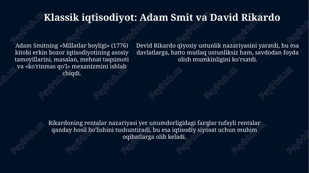 va ish haqining moslashuvchanligini cheklaydi va siklik tebranishlarga olib keladi. globalizatsiya va uning iqtisodiy ta'siri globalizatsiya tovarlar harakatini tezlashtirib, xalqaro savdoni 20-asr oxirida sezilarli darajada oshirdi, bu esa yalpi ichki mahsulotning o'sishiga hissa qo'shdi. 2008-yilgi global moliyaviy inqiroz globalizatsiyaning iqtisodiy ta'sirini ko'rsatdi, chunki u tez tarqalib, dunyo bo'ylab milliy iqtisodiyotlarga ta'sir qildi. 2008-yilgi global moliyaviy inqiroz globalizatsiyaning iqtisodiy ta'sirini ko'rsatdi, chunki u tez tarqalib, dunyo bo'ylab milliy iqtisodiyotlarga ta'sir qildi. atrof-muhit iqtisodiyoti: barqarorlik masalalari barqaror rivojlanish atrof-muhit iqtisodiyotining asosiy tushunchasi bo'lib, kelajak avlodlarning ehtiyojlarini qondirish imkoniyatini yo'qotmasdan hozirgi ehtiyojlarni qondirishni anglatadi. atrof-muhit iqtisodiyoti resurslarning 1970-yillardan boshlab kamayishi va ifloslanishning o'sishi bilan bog'liq bo'lgan ekologik muammolarni hal qilishga qaratilgan. atrof-muhit iqtisodiyoti 2000-yildan keyin tashqi omillarni baholash uchun qiymatni aniqlash usullaridan (masalan, sayohat xarajatlari, hedonik narxlar) foydalanadi. raqamli iqtisodiyot: texnologiyaning roli blockchain texnologiyasi raqamli iqtisodiyotda xavfsizlik va shaffoflikni ta'minlaydi, moliyaviy operatsiyalarni tezlashtiradi va 30 foizgacha firibgarlikni kamaytiradi. raqamli iqtisodiyotda elektron tijorat hajmi …