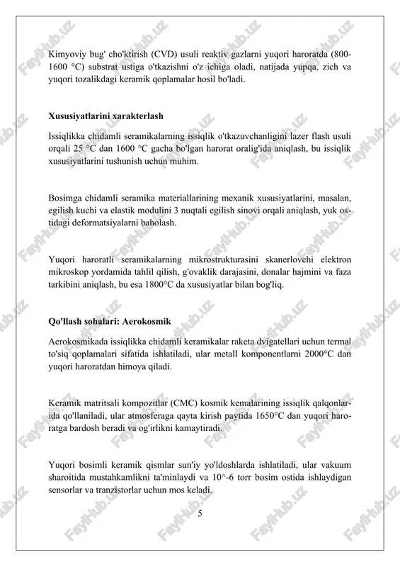 atsiya muvaffaqiyatini 30% ga oshiradi. nanokeramika kompozitlarining rivojlanishi avtomobilsozlikda yoqilg'i samaradorligini 20% ga oshirib, 1000°c da o'z xususiyatlarini saqlab qoladigan yanada bardoshli motor qismlariga olib keladi. xulosa xulosa qilib aytganda, issiqlikka chidamli keramika 1600 daraja selsiygacha bo'lgan yuqori haroratlarda ishlay oladi, bu ularni aerokosmik sohada muhim qiladi. yuqori bosimga chidamli keramika, masalan, bor karbid, 2500 mpa bosimga bardosh berishi mumkin, bu ularni ballistik himoya vositalarida qo'llash imkonini beradi. keramika materiallarining issiqlik va bosimga chidamliligi ularning kimyoviy tarkibi (masalan, silikon karbid) va mikroyuzilishi bilan belgilanadi. xulosa yuqori harorat va bosimga chidamli keramika materiallar aviatsiya, energetika va boshqa ekstremal muhitlarda ishonchli ishlash uchun muhim ahamiyatga ega. foydalanilgan adabiyotlar 1. yansıtıcı seramika materiallar: xususiyatlari, ishlab chiqarish va qo'llanilishi (refrakter keramik materiallar: xususiyatlari, ishlab chiqarish va qo'llanilishi) - [maqola manbasi] 2. yuqori haroratli seramikalarning mexanik xususiyatlari (yuqori haroratli seramikalarning mexanik xususiyatlari) - [maqola manbasi] 3 2