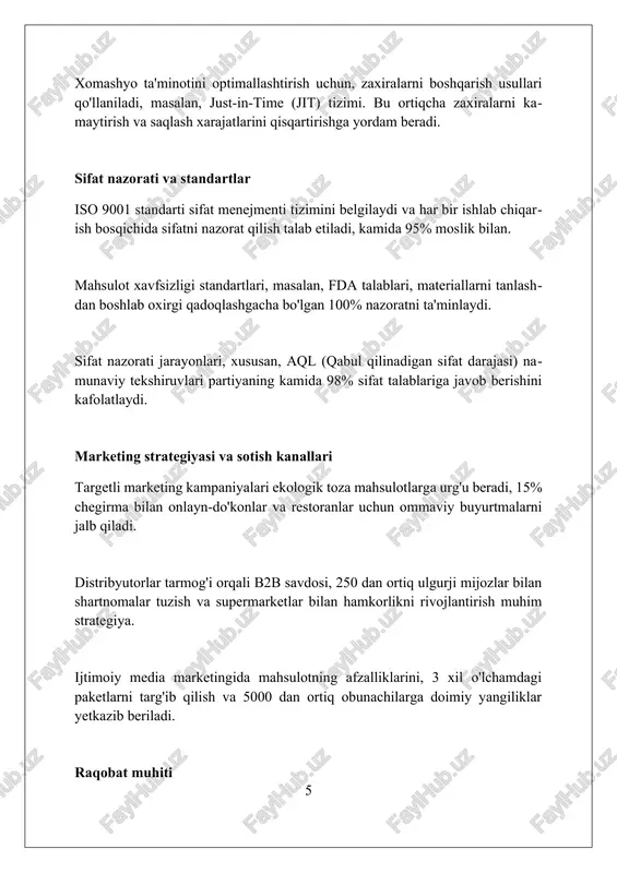 zor hajmi 2030-yilgacha 5 milliard dollardan oshishi kutilmoqda, bu qayta ishlanadigan materiallar va bio-asosli polimerlarga talabning ortishi bilan bog'liq. qayta foydalanish mumkin bo'lgan idishlarni lizingga berish modellari rivojlanishi mumkin, bu esa atrof-muhitga ta'sirni kamaytiradi va barqaror amaliyotlarni targ'ib qiladi. sun'iy intellekt va avtomatlashtirish ishlab chiqarish jarayonlarini optimallashtirishi mumkin, chiqindilarni kamaytiradi va resurslardan foydalanish samaradorligini 15-20 foizga oshiradi. xulosa bir martalik idishlar ishlab chiqarish biznesi barqaror talabga ega bo'lib, rentabellik uchun xarajatlarni samarali boshqarish va innovatsiyalarni talab qiladi. foydalanilgan adabiyotlar 1. bir martalik idishlar ishlab chiqarish biznesi haqida ma'lumot: [manba nomi va havola agar mavjud bo'lsa] 2. bir martalik idishlar bozorining tahlili: [manba nomi va havola agar mavjud bo'lsa] 3 2