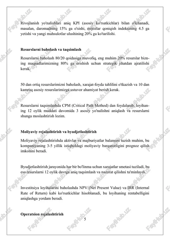 erishish darajasini aniq baholash zarur. tavsiyalar qismi, resurslarni 20% optimallashtirish, texnologik yangilanishlar va kadrlar malakasini oshirish bo'yicha aniq, o'lchanadigan va erishish mumkin bo'lgan ko'rsatmalarni o'z ichiga olishi kerak. bosh rejaning joriy etilishida muvaffaqiyatga erishish uchun, monitoring ko'rsatkichlari (kpi) va 6 oylik natijalarni baholash asosida 10% tuzatish kiritish tizimini yaratish muhim. xulosa korxonaning bosh rejasini ishlab chiqish tamoyillari strategik yo'nalishni ta'minlaydi, resurslarni optimallashtiradi va barqaror o'sishga zamin yaratadi. foydalanilgan adabiyotlar 1. david, f. r., david, f. r. (2016). strategic management: a competitive advantage approach, concepts and cases (16th ed.). pearson education. 2. steiner, g. a. (1979). strategic planning: what every manager must know. free press. 3. mintzberg, h. (1994) 2