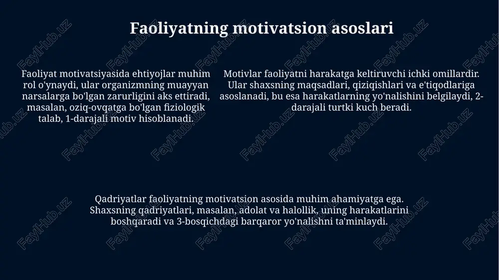 y munosabatlarni o'rganadi, xayolot va ijodiy qobiliyatlarini rivojlantiradi. maktabgacha yoshda (3-6 yosh) o'yin faoliyati yetakchi hisoblanadi. bola rolli o'yinlar orqali ijtimoiy munosabatlarni o'rganadi, xayolot va ijodiy qobiliyatlarini rivojlantiradi. kasbiy faoliyat psixologiyasi ushbu soha kasbiy moslashuv muammolarini hal qilishga qaratilgan bo'lib, bunda 5 asosiy omil: shaxs, kasb, ish muhiti, ijtimoiy ta'sir va 3 yillik professional tajriba muhim ahamiyatga ega. kasbiy faoliyat psixologiyasi shaxsning kasbiy rivojlanishini o'rganadi, bu esa uning qobiliyatlari, motivatsiyasi va 10 yildan ortiq muddat davomida tajribasini tahlil qilishni o'z ichiga oladi. kasbiy faoliyat psixologiyasi kasbiy stressni kamaytirish va ish unumdorligini oshirish uchun 7 dan ortiq turli psixologik usullarni qo'llaydi, shu bilan xodimlarning farovonligini yaxshilaydi. faoliyatda ijodkorlik va innovatsiya faoliyatda ijod va innovatsiya 21-asrda raqobatbardoshlikni ta'minlaydi, chunki ular 50% mahsuldorlikni oshirib, 100% iste'molchilarning talabini qondiradi. ijodkorlik faoliyatda yangi gʻoyalar yaratish va ularni 100% amalga oshirish jarayoni boʻlib, shaxsning bilim, koʻnikma va qobiliyatlariga asoslanadi. innovatsiya esa, ijodiy gʻoyalarni 75% amaliyotga joriy …