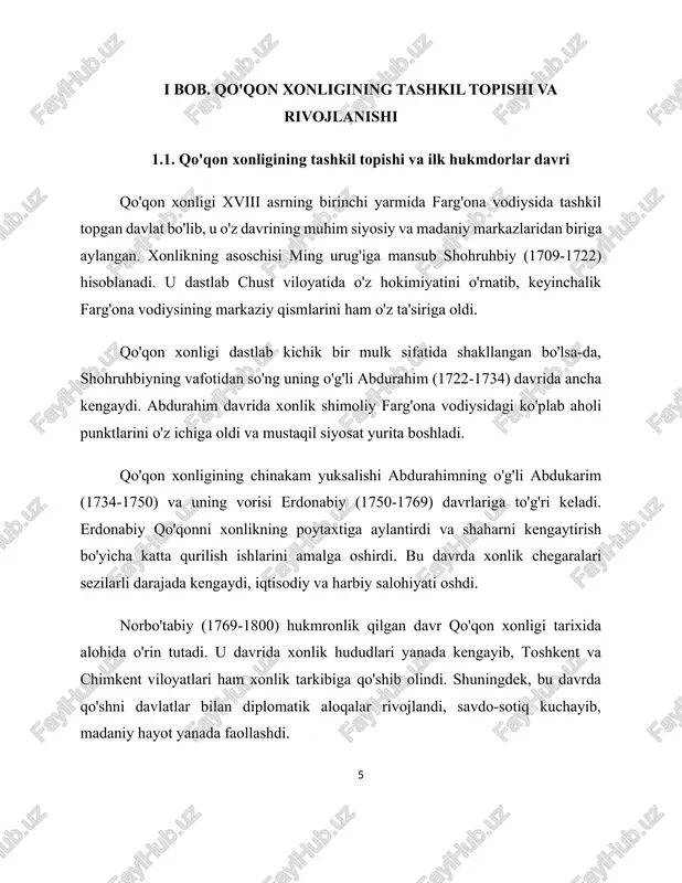 idan iborat edi. markazdan uzoq hududlarda mahalliy hokimlar ancha mustaqillikka ega bo'lgan, ayrim hollarda ular faqat nomigagina markaziy hokimiyatga bo'ysungan. bu holat xonlikdagi ichki ziddiyatlarning asosiy sabablaridan biri bo'lgan. qo'qon xonligining siyosiy va ma'muriy tuzilishi davr o'tishi bilan takomillashib borgan. ayniqsa, xix asrning birinchi yarmida xonlikning ma'muriy boshqaruv tizimi ancha murakkablashdi va kengaydi, bu esa davlatning kuchayishiga va barqarorlashishiga hissa qo'shdi. 1.3. qo'qon xonligining hududiy kengayishi va uning siyosiy ahamiyati qo'qon xonligi o'z tarixiy rivojlanishi davomida hududiy jihatdan sezilarli darajada kengaydi va bu jarayon xonlikning siyosiy mavqeiga katta ta'sir ko'rsatdi. qo'qon xonligi dastlab xviii asrning boshlarida farg'ona vodiysining shimoliy qismida kichik bir mulk sifatida shakllangan bo'lsa-da, asrning o'rtalariga kelib butun shimoliy farg'ona vodiysi ustidan o'z nazoratini o'rnatdi. erdonabiy (1750-1769) davrida xonlik farg'ona vodiysining katta qismini o'z ichiga olgan edi norbo'tabiy (1769-1800) davrida qo'qon xonligi o'z hududlarini shimolga – toshkent va sayram viloyatlariga qadar kengaytirdi. bu davrda xonlik sirdaryoning o'rta oqimidagi …