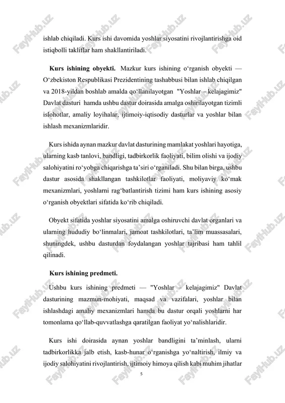 ng‘ich mablag‘ va bilim yetishmaydi, infratuzilma rivojlanmagan, imtiyozli kreditlardan xabardorlik darajasi past. natijada, ishsizlik darajasi yuqori bo‘lib, ayrim yoshlar chet ellarga vaqtincha ishlash maqsadida ketishga majbur bo‘lgan. aynan mana shu holatlar davlat rahbari tomonidan chuqur tahlil qilinib, yoshlarga yordam qo‘lini cho‘zadigan kompleks dastur zarurligi shakllandi. “yoshlar – kelajagimiz” dasturining ishlab chiqilishi va qabul qilinishi aynan shunday shart-sharoitlar natijasi edi. bu dastur orqali davlat yoshlarning tashabbuslarini moliyaviy va tashkiliy jihatdan qo‘llab-quvvatlashni o‘z zimmasiga oldi. dasturning asosiy huquqiy manbalari “yoshlar – kelajagimiz” davlat dasturi mustahkam huquqiy asosga ega bo‘lib, u bir nechta muhim normativ-huquqiy hujjatlarga tayangan holda ishlab chiqilgan: o‘zbekiston respublikasi konstitutsiyasi — unda har bir fuqaroning ta’lim olish, kasb egallash va ish bilan ta’minlanish huquqi kafolatlangan; “yoshlarga oid davlat siyosati to‘g‘risida”gi qonun (2016-yil) — yoshlar siyosatining huquqiy asoslarini belgilab bergan; o‘zbekiston respublikasi prezidentining 2018-yil 27-iyundagi pq–3839-sonli qarori — aynan shu hujjat bilan “yoshlar – kelajagimiz” davlat dasturi tasdiqlangan; shuningdek, vazirlar mahkamasi …
