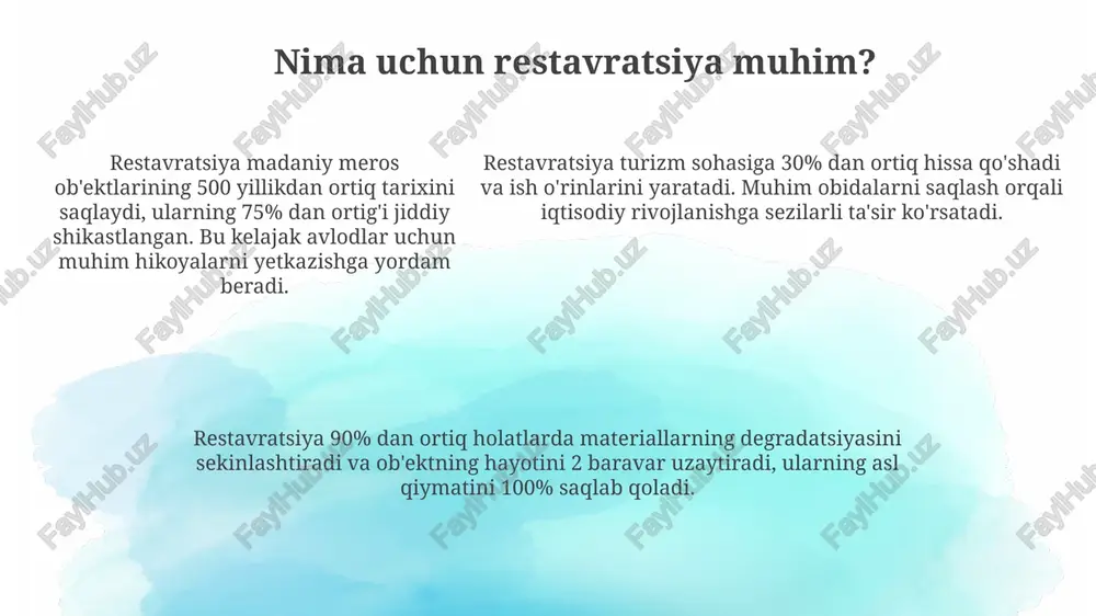 gacha uglerod izini qisqartiradi. atrof-muhitga ta'sirni baholash restavratsiya loyihalarida muhim ahamiyatga ega, bu 15 dan ortiq asosiy ekotizim ko'rsatkichlarini monitoring qilishni o'z ichiga oladi. atrof-muhitga ta'sirni baholash restavratsiya loyihalarida muhim ahamiyatga ega, bu 15 dan ortiq asosiy ekotizim ko'rsatkichlarini monitoring qilishni o'z ichiga oladi. kelajakdagi yo'nalishlar kelajakda sun'iy intellekt (ai) va dron texnologiyalari yunesko obyektlarini monitoring qilish, shikastlanishlarni aniqlash va restavratsiya ishlarini rejalashtirishda muhim rol o'ynaydi. 2030 yilgacha bo'lgan davrda yunesko restavratsiya loyihalarida barqaror turizmni rivojlantirish, mahalliy hamjamiyatlarning iqtisodiy manfaatlarini oshirishga qaratilgan yangi yondashuvlar qo'llaniladi. global iqlim o'zgarishi yunesko merosiga tahdid solmoqda, shuning uchun restavratsiya loyihalarida iqlimga chidamli materiallar va texnologiyalardan foydalanish 2025 yildan boshlab ustuvor vazifa bo'ladi. o'zbekistonda yunesko restavratsiyasi 2000-yillarda yunesko xiva shahridagi ichan-qal'ani restavratsiya qilish bo'yicha keng ko'lamli dasturni amalga oshirdi, bu esa turizmni rivojlantirishga turtki berdi. 1990-yillardan boshlab, yunesko o'zbekistonning ipak yo'li shaharlarini, xususan samarqand va buxoroning tarixiy markazlarini restavratsiya qilishda katta rol o'ynadi. yuneskoning restavratsiya …