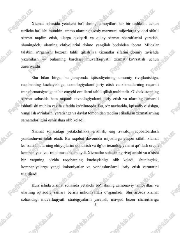 t turlarining 60 foiziga yaqinini tashkil etadi. xizmatlar sohasi nafaqat iqtisodiy foyda keltiradi, balki ijtimoiy barqarorlik va bandlik darajasini oshiradi. ayniqsa, kichik va o‘rta biznesni rivojlantirishda xizmatlar sektorining tutgan o‘rni katta. u jismoniy mehnatni kamaytirish, ayollar va yoshlarning bandligini oshirish, zamonaviy kasblarni joriy qilish orqali ijtimoiy faollikni kuchaytiradi. shu nuqtai nazardan qaraganda, xizmatlar sohasi o‘zbekistonning iqtisodiy siyosatida ustuvor yo‘nalishlardan biri sifatida e’tirof etilmoqda. 2022–2026-yillarga mo‘ljallangan taraqqiyot strategiyasida ham ushbu sohani raqamlashtirish, xizmatlar eksportini kengaytirish, yangi texnologiyalarni joriy etish, turizm salohiyatini oshirish bo‘yicha keng ko‘lamli chora-tadbirlar belgilangan. ayniqsa, elektron xizmatlar, mobil platformalar, elektron tijorat va onlayn servislar ko‘lamining kengayishi xizmatlar sohasining yangi bosqichga o‘tishini ta’minlamoqda. 1.1.1-rasm.2020-yil xizmat ko`rsatish sohasining rivojlanishi xulosa qilib aytganda, xizmatlar sohasi nafaqat iqtisodiy samaradorlik, balki ijtimoiy barqarorlikning ham muhim asosi hisoblanadi. u iqtisodiy tizimdagi boshqa tarmoqlar bilan uzviy bog‘liq bo‘lib, mamlakat taraqqiyotida asosiy drayverlardan biri sifatida xizmat qilmoqda. shu sababli xizmat ko‘rsatish sohasining nazariy asoslarini chuqur o‘rganish …