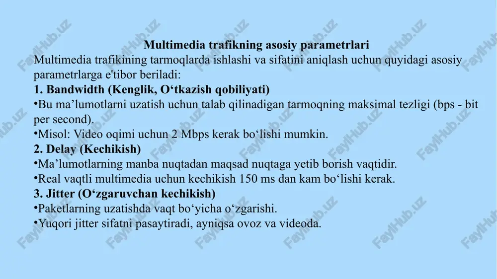 otocol), hls. voip texnologiyalari: sip (session initiation protocol), webrtc. bu texnologiyalar kechikishni minimallashtirish va interaktivlikni ta’minlashga mo‘ljallangan. d) qo‘shimcha xizmatlar va tarmoq texnologiyalari qo‘ng‘iroq, video konferensiyalar va chatlar: skype, zoom, teams kabi ilovalar. cdn (content delivery network) – katta multimedia fayllarni tez yetkazish. qo‘llab-quvvatlovchi tarmoq xizmatlari: qos (quality of service), trafikni boshqarish, prioritetlash. 4.mpls nima? mpls (multiprotocol label switching) — bu yuqori samarali paket uzatish texnologiyasi bo‘lib, u ma’lumotlarni yo‘naltirishda an’anaviy ip marshrutlashdan farq qiladi. mpls paketlarni etiketa (label) asosida yo‘naltiradi, bu esa tarmoqda tez va ishonchli ma’lumot uzatishni ta’minlaydi. mpls asosidagi multimediali aloqa tarmog‘i multimediali aloqa tarmoqlari turli xil ma’lumotlar (video, audio, ma’lumotlar, matn va boshqalar) uzatilishini ta’minlaydi. mpls esa bu turdagi ma’lumotlar oqimini boshqarishda asosiy rol o‘ynaydi, chunki u yuqori sifatli xizmat (qos), past kechikish va ishonchlilikni kafolatlaydi. transport telekommunikatsiya texnologiyalari 1. mpls-tp (transport profile) mpls-tp — mplsning transport tarmoqlari uchun maxsus profilidir. u an’anaviy transport tarmoqlarida (sdh/sonet, …