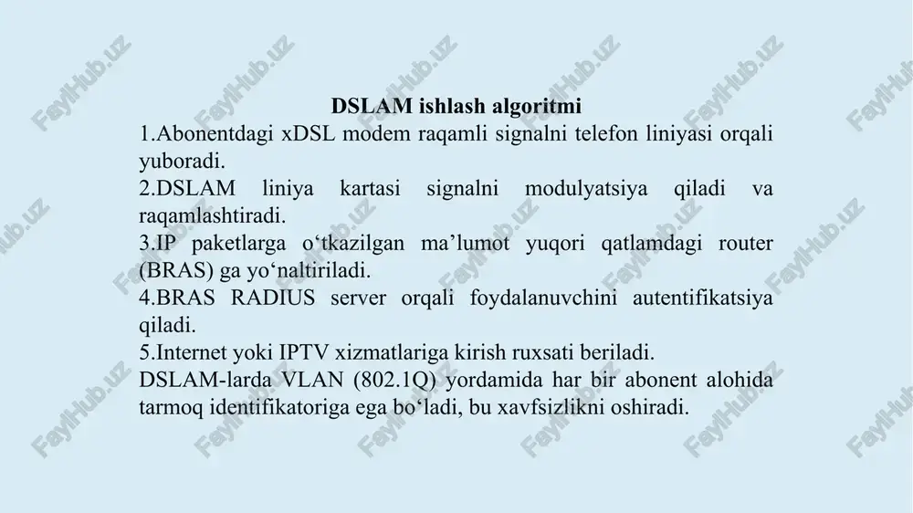 i protokol. asosiy xususiyatlari: ierarxik boshqaruv: softswitch markaziy boshqaruvchi sifatida ishlaydi. gateway faqat buyruqlarni bajaradi. udp port 2427 va 2727 orqali ishlaydi. funktsional buyruqlar: crcx – yangi ulanish yaratish. mdcx – mavjud sessiyani o‘zgartirish. dlcx – ulanishni tugatish. rqnt – voqealarni kuzatish (masalan, dtmf tonlari). h.248/megaco protokoli h.248 (yoki megaco) mgcp’ning rivojlangan versiyasi bo‘lib, itu-t va ietf tomonidan birgalikda ishlab chiqilgan. afzalliklari: yirik tarmoqlar uchun kengaytirilgan boshqaruv imkoniyatlari. ko‘p oqimli (multi-stream) audio/video sessiyalarni boshqarish. qo‘shimcha xavfsizlik va ishonchlilik mexanizmlari. amaliy qo‘llanish: ims va ngn arxitekturalarida media gateway’lar bilan softswitch o‘rtasida boshqaruvni ta’minlaydi. mgcp va h.248/megaco o‘rtasidagi farqlar mgcp (media gateway control protocol) va h.248/megaco — bu media gateway’larni softswitch orqali boshqarish uchun mo‘ljallangan ikki asosiy protokoldir. har ikkisi ham ip telefoniya va ngn tarmoqlarining markaziy boshqaruv mexanizmini tashkil etadi, biroq ularning arxitekturasi va imkoniyatlari jihatidan farq qiladi. mgcp — nisbatan soddaroq boshqaruv protokoli bo‘lib, kichik va o‘rta o‘lchamdagi tarmoqlarda samarali …