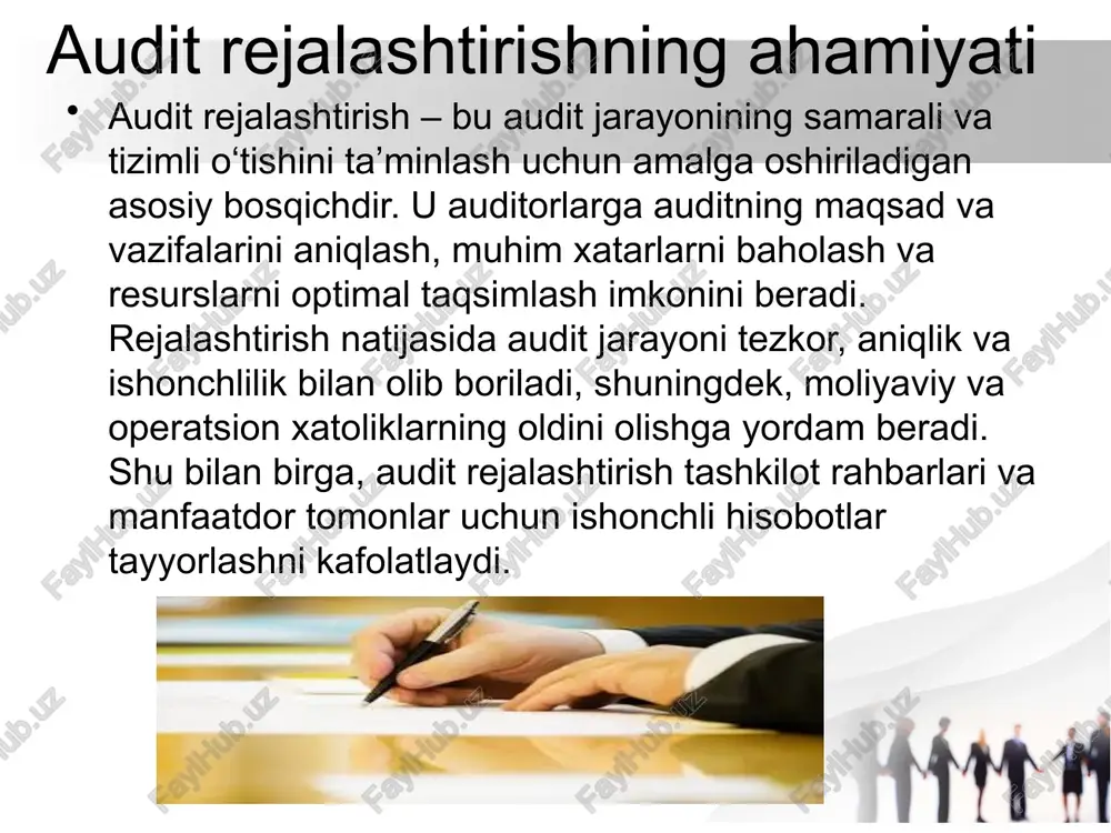 rslardan samarali foydalanishga ta’sir ko‘rsatishi mumkin. foydalanilgan adabiyotlar ross, s., & westerfield, r. (2020). corporate finance. mcgraw-hill education. arens, a. a., elder, r. j., & beasley, m. s. (2019). auditing and assurance services. pearson. tashkilot ichki audit qo‘llanmalari va standartlari (2023). coso. (2017). internal control – integrated framework. karimov, j. (2021). moliyaviy tahlil va audit. toshkent: moliyaviy nashrlar. image2.jpeg image3.jpeg image4.jpeg image5.jpeg image6.jpeg image7.jpeg image1.jpeg /docprops/thumbnail.jpeg