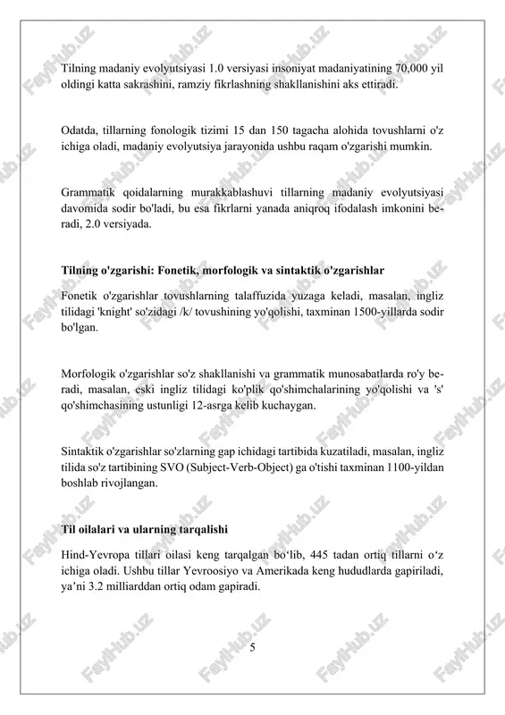 rish. kelajakda kognitiv tilshunoslik eksperimental tadqiqotlar bilan inson miyasining tilni qanday qayta ishlashini o'rganadi, shu jumladan fmri va eeg ma'lumotlarini 80% aniqlikda tahlil qiladi. xulosa tilshunoslik tilning evolyutsion rivojlanishini chuqur o'rganadi, uning kelib chiqishi, tuzilishi va jamiyat bilan o'zaro ta'sirini tushunishga yordam beradi. foydalanilgan adabiyotlar 1. anderson, s. r. (2004). til va tilshunoslik: kirish. cambridge universiteti nashriyoti. 2. bickerton, d. (1990). til ildizlari. michigan universiteti nashriyoti. 3. christiansen, m. h., va kirby, s. (2003). evolyutsion tilshunoslik. oksford universiteti nashriyoti. 4. deacon, t. w. (1997) 2