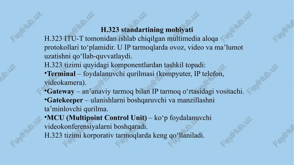 qaruv tamoyillari: resurslarni rejalashtirish va taqsimlash; trafikni nazorat qilish; xatoliklarni aniqlash va tuzatish; xavfsizlikni ta’minlash. zamonaviy tarmoqlarda sdn (software defined networking) texnologiyasi multimedia oqimlarini markazlashgan boshqaruv orqali nazorat qiladi. bu xizmat sifatini yaxshilaydi va tarmoq yuklanishini kamaytiradi. qos – xizmat sifatini boshqarish qos multimedia tarmoqlarda ma’lumot uzatish sifatini kafolatlaydi. qos parametrlari: bandwidth – tarmoq o‘tkazuvchanligi; delay – kechikish vaqti; jitter – paketlar o‘rtasidagi tebranish; packet loss – paket yo‘qotilishi. qos siyosatlari orqali tarmoqdagi muhim oqimlarga ustuvorlik beriladi. misol: video konferensiya oqimi oddiy ma’lumotdan ustun qo‘yiladi. ip telefoniya texnologiyasi ip telefoniya yoki voip — ovoz signalini raqamli ko‘rinishga o‘tkazib, ip tarmoqlari orqali uzatish texnologiyasi. an’anaviy telefoniya tarmoqlaridan farqli ravishda, voip paketli uzatishga asoslanadi. afzalliklari: arzon aloqa narxlari; xizmatlarni tez joriy etish; xalqaro qo‘ng‘iroqlar uchun soddalik. voip xizmatlari misollari: skype, zoom, telegram call, whatsapp call. ovozning paketli uzatish jarayoni voip tizimida ovoz signalini uzatish bosqichlari: analog signal raqamlashtiriladi (adc). raqamli signal kodek …