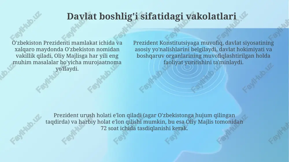 lgilangan bo'lib, prezident, vitse-prezident va boshqa mansabdor shaxslarni xiyonat yoki korruptsiya uchun lavozimidan chetlatish imkonini beradi. aqshda impichment jarayoni ikki bosqichdan iborat: vakillar palatasi ayblov e'lon qiladi (oddiy ko'pchilik ovozi bilan), so'ngra senat sud jarayonini o'tkazadi va uchdan ikki qismi ovozi bilan lavozimidan chetlatishi mumkin. aqshda impichment jarayoni ikki bosqichdan iborat: vakillar palatasi ayblov e'lon qiladi (oddiy ko'pchilik ovozi bilan), so'ngra senat sud jarayonini o'tkazadi va uchdan ikki qismi ovozi bilan lavozimidan chetlatishi mumkin. prezident vakolatlarining tugashi o'zbekiston respublikasi konstitutsiyasining 95-moddasiga binoan, prezident salomatligi tufayli vazifasini bajara olmasa, oliy majlis 2/3 ovozi bilan 3 oylik muddatga vakolatini to'xtatishi mumkin. prezidentning vakolatlari konstitutsiyaning 92-moddasiga muvofiq, muddati tugashi bilan, iste'foga chiqishi, yoxud vafot etishi bilan yakunlanadi. bu holatlar vakolatning to'xtatilishiga olib keladi. prezidentning vakolatlari, agar u konstitutsiyani buzsa yoki og'ir jinoyat sodir etsa, 2/3 oliy majlis ovozi va konstitutsiyaviy sud xulosasi bilan 3 oy ichida to'xtatilishi mumkin. prezident vazifasini bajaruvchi prezident vazifasini …