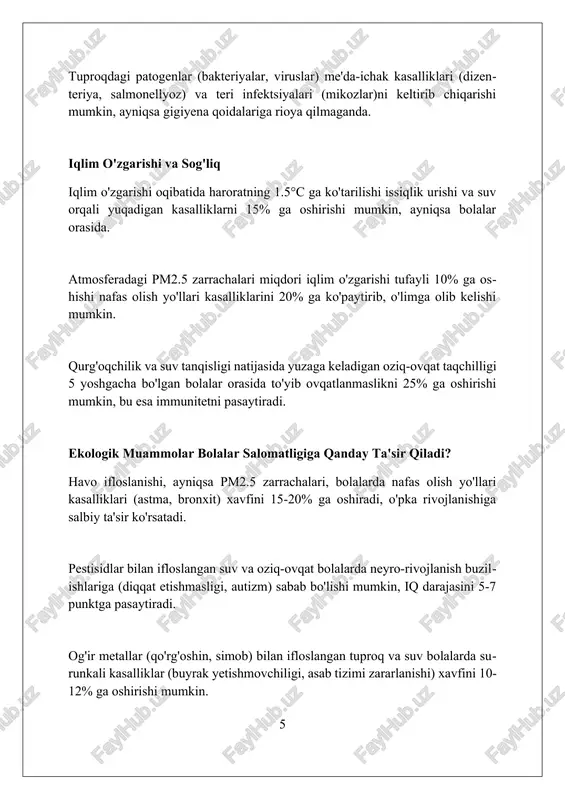 juda muhimdir. tadqiqot shuni tasdiqladiki, yashil hududlarni 30% ga kengaytirish bolalarning jismoniy faolligi darajasini 15% ga oshiradi, bu ularning umumiy salomatligini yaxshilaydi va metabolik sindrom xavfini kamaytiradi. ma'lumotlar shuni ko'rsatdiki, qayta tiklanadigan energiya manbalariga 40% o'tish havo sifatini sezilarli darajada yaxshilaydi, bu esa bolalarning kognitiv rivojlanishi uchun muhim bo'lgan miya faoliyatini 20% ga oshiradi. xulosa sog'lom atrof-muhit, sog'lom avlod demakdir. atrof-muhitni asrash, kelajak avlod salomatligini ta'minlash demakdir. foydalanilgan adabiyotlar 1. sog'lom muhit va sog'lom avlod. o'zbekiston respublikasi sog'liqni saqlash vazirligi. 2. atrof-muhitning bolalar salomatligiga ta'siri. jahon sog'liqni saqlash tashkiloti. 3. havoning ifloslanishi va bolalar salomatligi. amerika o'pka assotsiatsiyasi. 4. sog'lom atrof-muhit: bolalar salomatligi uchun yo'l xaritasi. yunisef. 5 2