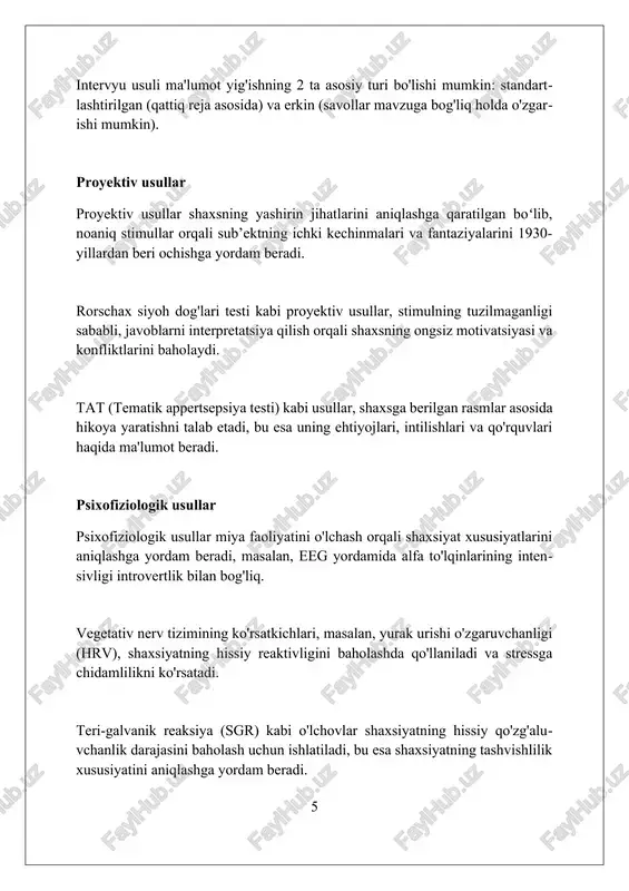 dqiqotda shaxsiy ma'lumotlarni yig'ishda sub'ektlar roziligini olish, ularning shaxsiy hayotini himoya qilish muhim etik talablardan biri hisoblanadi. maxfiylikni saqlash va respondentlarning anonimligini ta'minlash, ayniqsa, nozik mavzularda 70% respondentlar uchun asosiy etik prinsip hisoblanadi. xulosa shaxsiyat psixologiyasining metodologik prinsiplari tadqiqot o'tkazishda ishonchlilik, asoslilik va xolislikni ta'minlash uchun muhimdir. foydalanilgan adabiyotlar 1. allport, g. w. (1937). shaxsiyat: psixologik talqin. nyu-york: holt. 2. eysenk, h. j. (1967). shaxsiyatning biologik asosi. springfield, il: charlz c tomas. 3. funder, d. c. (2001). shaxsiyat psixologiyasi. yillik sharh psixologiyasi, 52, 197-221. 4. hogan, r. (1996) 2