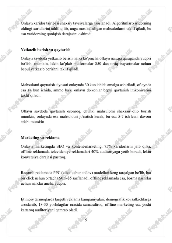 savdo shaxsiy tajriba va darhol qoniqish hissini beradi. raqamli marketingning 78% o'sishi onlayn tijoratning ahamiyatini ko'rsatadi, lekin xaridorlarning 67% hali ham oflayn do'konlarda xarid qilishni afzal ko'rishadi. savdo kanallarini integratsiyalash, ya'ni omnichannel strategiyasi, ikkala usulning afzalliklarini birlashtirib, mijozlarga eng yaxshi xarid tajribasini taqdim etishi mumkin. xulosa onlayn va oflayn savdo samaradorligi vaziyatga bog'liq, lekin ko'pincha ikkalasining gibridi eng yaxshi natijalarni beradi. foydalanilgan adabiyotlar 1. brynjolfsson, e., hu, y., smith, m. d. (2003). ko'proq narsa narxlanadimi yoki ko'proq narxlanadimi: onlayn va offlayn xarid qilishning empirik dalillari. management science, 49(12), 1581-1596. 2. degeratu, a. m., rangaswamy, a., easley, r. f. (2000) 2