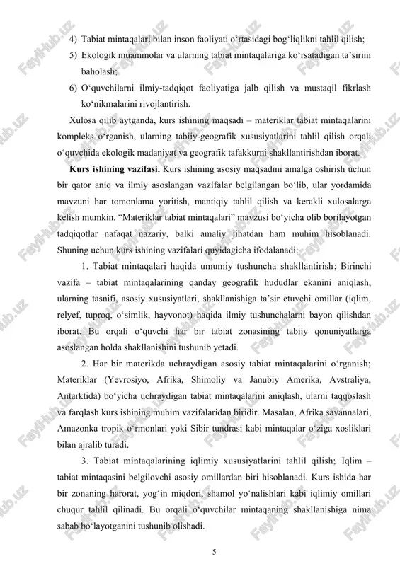 mintaqalari bilan uzviy bog‘liq. kurs ishining muhim vazifasi – tabiat mintaqalari va ularning resurslaridan inson qanday foydalanayotganini, bu faoliyatning ijobiy yoki salbiy ta’sirlarini aniqlashdir. ayniqsa, antropogen omillar ta’sirida mintaqalarning buzilishi, ekologik muammolar yuzaga chiqishi muhokama qilinadi. 6. tabiat mintaqalari xaritasini tuzish yoki tahlil qilish; geografik xaritalardan foydalanish, tabiat mintaqalari taqsimotini vizual tarzda ko‘rsatish, ularni izohlash – geografik bilim va ko‘nikmalarni mustahkamlashga xizmat qiladi. kurs ishida xaritalarni tahlil qilish orqali hududiy farqlar aniqlanadi. 7. ekologik muammolarni o‘rganish va echimlar taklif qilish; global iqlim o‘zgarishi, o‘rmonlarning kamayishi, hayvonot dunyosining yo‘qolishi, cho‘llanish kabi ekologik muammolar tabiat mintaqalariga bevosita ta’sir ko‘rsatmoqda. kurs ishining vazifalaridan biri – ushbu muammolarni aniqlab, ularni bartaraf etish bo‘yicha ilmiy-ijodiy fikrlar bildirashdir. 8. ilmiy va statistik manbalardan foydalanish; kurs ishini puxta tayyorlash uchun zamonaviy ilmiy adabiyotlar, atlaslar, maqolalar, internet manbalari va statistik ma’lumotlardan foydalanish zarur. bu o‘quvchining mustaqil tadqiqot olib borish ko‘nikmalarini rivojlantiradi. yuqorida bayon qilingan vazifalar kurs ishining har …