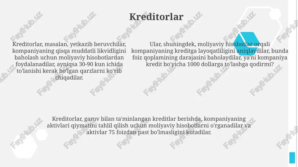 salan, moliya vazirligi, hisobotlarning qonuniy talablarga javob berishini ta'minlash uchun moliyaviy hisobot standartlarini belgilaydi va ularga rioya qilishni nazorat qiladi. o'zbekiston respublikasi markaziy banki kabi tartibga soluvchi organlar banklar va boshqa moliyaviy institutlarning moliyaviy barqarorligini monitoring qilish uchun moliyaviy hisobotlardan foydalanadi. o'zbekiston respublikasi markaziy banki kabi tartibga soluvchi organlar banklar va boshqa moliyaviy institutlarning moliyaviy barqarorligini monitoring qilish uchun moliyaviy hisobotlardan foydalanadi. raqobatchilar moliyaviy hisobotlar raqobatchilarga 20% dan ortiq qarz yukini baholashga yordam beradi, bu esa ularning investitsiya strategiyasini, shu jumladan kapital qo'yilmalar miqdorini aniqlashda muhimdir. raqobatchilar moliyaviy hisobotlardan foydalanib, bozor ulushini aniqlash uchun sotuvlar hajmi va rentabellik ko'rsatkichlarini taqqoslashadi, bu orqali 10% lik o'sish tendentsiyasini kuzatish mumkin. raqobatchilar moliyaviy hisobotlar asosida xarajatlar tarkibini tahlil qilib, masalan, xomashyo narxlarining 15% ga o'zgarishi natijasida yuzaga keladigan narx siyosatini o'rganishadi. boshqa manfaatdor tomonlar moliyaviy axborotdan foydalanuvchi raqobatchilar kompaniyaning moliyaviy ko'rsatkichlari va strategiyalarini tahlil qilish orqali, masalan, daromadning o'sishi, 2025 yilga kelib strategik …