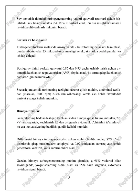 o'lchovlar ruxsat etilgan 0.1 ohmdan yuqori bo'lmasligi kerak. xulosa turbogeneratorlarning samaradorligi 98 foizdan ortiq boʻlishi mumkin, ammo bunda magnit maydonni hosil qilishdagi energiya yoʻqotishlari hisobga olinmaydi, umumiy tizim samaradorligini pasaytiradi. turbogeneratorlarning ishlash muddatini baholashda, statik o'rash izolatsiyasining degradatsiyasi muhim omil hisoblanadi. haroratning har 10°c oshishi izolyatsiyaning xizmat qilish muddatini ikki barobarga kamaytirishi mumkin. zamonaviy turbogeneratorlar ko'pincha raqamli nazorat tizimlari orqali boshqariladi. bu tizimlar, real vaqt rejimida voltajni tartibga solish, chastotani nazorat qilish va quvvat omilini optimallashtirish imkonini beradi. xulosa turbogeneratorlar elektr energiyasi ishlab chiqarishda muhim ahamiyatga ega bo'lib, ishonchli va samarali energiya manbai sifatida sanoatning turli sohalarida keng qo'llaniladi. foydalanilgan adabiyotlar 1. asati, m. (2017). turbogeneratorlarning monitoringi va diagnostikasi. crc press. 2. kottl, v. (2014). elektr mashinalari va drayvlarining tahlili. crc press. 3. hindu, p.s. (2003). elektr quvvat generatorlari: konstruktsiya, ish va texnik xizmat ko'rsatish. dhanpat rai co. 4 2