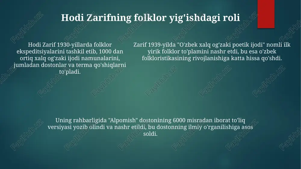 yig'ish va nashr etishdagi metodologiyasi so'roq qilinadi, xususan, mualliflik huquqi va manbalarga aniqlik kiritish masalalari ko'tariladi. boshqa bahslarda zarifning folklor yig'ish va nashr etishdagi metodologiyasi so'roq qilinadi, xususan, mualliflik huquqi va manbalarga aniqlik kiritish masalalari ko'tariladi. xulosa: hodi zarif - o'zbek folkloristikasining asoschisi uning "oʻzbek xalq ogʻzaki poetik ijodi" (1939) asari oʻzbek folklorining janrlar tasnifini ishlab chiqdi va 10 dan ortiq janrni ilmiy asosladi. hodi zarif 1930-yillarda folklor ekspeditsiyalarini tashkil etib, 200 dan ortiq doston va ertaklarni yozib oldi, bu folkloristik arxivning asosini yaratdi. zarif 1940-1950 yillarda qatagʻon qurboni boʻlishiga qaramay, uning merosi 20-asr oʻzbek folkloristikasiga katta taʼsir koʻrsatdi, 50 dan ortiq tadqiqotlarga turtki berdi. e'tiboringiz uchun rahmat image1.png image2.png image3.png image4.png image5.png