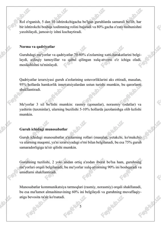 i ko'rsatadi, kamchiliklarni ko'rsatadi. xulosa guruh dinamikasida guruh tuzilishi muhim element bo'lib, rollar, me'yorlar va munosabatlarni shakllantirib, muvaffaqiyatli hamkorlikka zamin yaratadi. foydalanilgan adabiyotlar 1. forsyth, d. r. (2018). group dynamics (7th ed.). cengage learning. 2. levi, d. (2017). group dynamics for teams (5th ed.). sage publications. 3. tuckman, b. w. (1965). developmental sequence in small groups. psychological bulletin, 63(6), 384-399. 4. wheelan, s 2