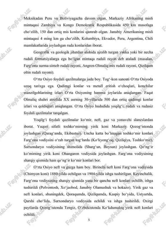 o‘mirning yirik koni ohangaron vodiysida joylashgan. farg‘ona vodiysining sharqiy qismida ham qo‘ng‘ir ko‘mir konlari bor. o‘rta osiyo neft va gazga ham boy. birinchi neft koni farg‘ona vodiysida (chimyon koni) 1880-yilda ochilgan va 1904-yilda ishga tushirilgan. keyinchalik, farg‘ona vodiysining sharqiy qismida yana bir qancha neft konlari ochilib, ishga tushirildi (polvontosh, xo‘jaobod, janubiy olamushuk va hokazo). yirik gaz va neft konlari, shuningdek, qoraqumda, qizilqumda, kaspiy bo‘yida, ustyurtda, qarshi cho‘lida, surxondaryo vodiysida ochildi va ishga tushirildi. oxirgi paytlarda qozog‘istonda tengiz, o‘zbekistonda ko‘kdumaloq yirik neft konlari ochildi. rudali foydali qazilmalardan rangli va qora metall konlari keng tarqalgan. yirik temir ruda konlari qozog‘istonda ochilgan va ishga tushirilgan. ulardan eng yirigi to‘rg‘ay supasimon o‘lkasida joylashgan sokolov-sarbay konidir. o‘zbekiston va qirg‘izistonda ham temir ruda konlari bor, ammo ular hali ishga tushirilganicha yo‘q. rangli metall konlari qozog‘iston past tog‘larida. tyanshan va pomir tog‘larida, markaziy qizilqum past tog‘larida tarqalgan (olmaliq. jezqazg‘an, qo‘ng‘irot, muruntog‘, uchquloch va b.). fosforit konlari qoratog‘da, …
