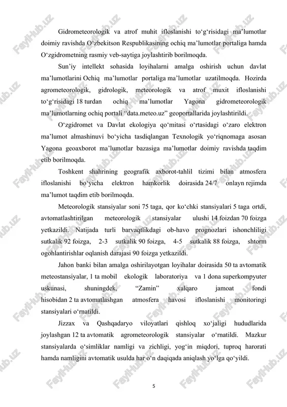 lbiy ta’sirini kamaytirish va uning oqibatlarini yumshatishga yo‘naltirilgan gidrometeorologiya ilmiy-tadqiqot instituti tomonidan 3 mlrd so‘m bo‘lgan 4 ta loyiha moliyalashtirildi soha bo‘yicha ko‘rsatilayotgan ixtisoslashtirilgan xizmatlar hajmi 2 baravarga yetkazildi. gidrometeorologiya sohasida kadrlarni tayyorlash va qayta tayyorlash bo‘yicha o‘zbekiston milliy universiteti va rossiya davlat gidrometeorologiya universiteti bilan hamkorlikda qo‘shma ta’lim dasturi asosida 2021-2022 o‘quv yili uchun jami 113 ta, o‘zbekiston milliy universiteti gidrometeorologiya yo‘nalishining mahsus sirtqi yo‘nalishiga jami 75 ta xodim xujjat topshirdi, hamda toshkent gidrometeorologiya texnikumiga 2021-2022 o‘quv yili uchun jami – 452 ta ariza kelib tushgan. jahon meteorologiya tashkilotning o‘quv dastur doirasida asosida soha xodimlarining 36 nafari o‘z malakalarini oshirib sertifikatlarga ega bo‘ldilar. 1.2.gidrometeorologik terminlarning lingvistik xususiyatlari bugungi kunda o‘zbekistonda yuz berayotgan ijtimoiy-iqtisodiy islohotlar sababli har bir sohaga alohida e‘tibor qaratilmoqda, shu jumladan, gidrometeorologiya tizimidagi o‘zgarishlar va yangiliklarni e‘tirof etib o‘tish lozim. bunday yangilanishlar ta‘siri o‘laroq o‘zbek tili leksikologiyasiga internatsional terminlar va neologizmlar tez sur‘atlarda kirib kelmoqda. bu jarayon …