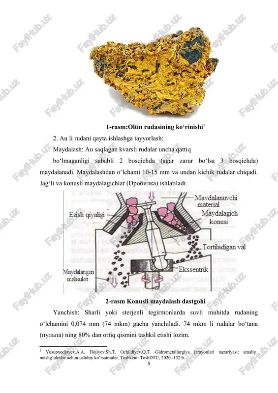 an birining kimyoviy tuzilishi: 12-rasm:anion almashuvchi smola (am-2b) 6. desorbsiyalash jarayoni. sorbsiyalanish jarayonida o‘ziga eritmadagi au ni shimib olgan va au ga to‘yingan qatronlar (smolalar) desorbsiyalash jarayoniga beriladi. 2-chizma:to’yingan smolar va oltinsizlantirilgan smola desorbsiya jarayoni sorbsiyaning teskarisi bo‘lib, bunda endi smola ichidan au ni yana qayta eritmaga chiqariladi. buning uchun au ga to‘yingan smolaga tiomochevina (cs(nh2)2) ning sulfat kislotali eritmasi ta’sir ettiriladi. jarayonning mexanizmi: 2r-au(cn)2 + 2cs(nh2)2 + h2so4 = =[aucs(nh2)2]2so4 + r2-so4 + 4hcn desorbsiya jarayonidan so‘ng eritmadagi oltinning miqdori 2-4 g/l ga teng bo‘ladi. bundan ko‘rinib turibdiki, oltinning miqdori oldingi miqdoriga qaraganda 10000 marta boyidi. demak, sorbsiya-desorbsiya jarayoni bilan kambag‘al au saqlagan eritmalarni boyitish mumkin. desorbsiyadan keyin olingan eritmani regenerat deyiladi va uni elektrolizga yuboriladi. desorbsiya jarayoni maxsus desorbsion kolonnalarda olib boriladi. 3-chizma:desorbsion kolonnaning sxematik tuzilishi 7. elektroliz: au eritmasi +1,5 va +1,6 v kuchlanishga ega bo‘lgan tok bilan elektroliz qilinadi. bunda katodda oltin, anodda esa o2 (kislorod) …